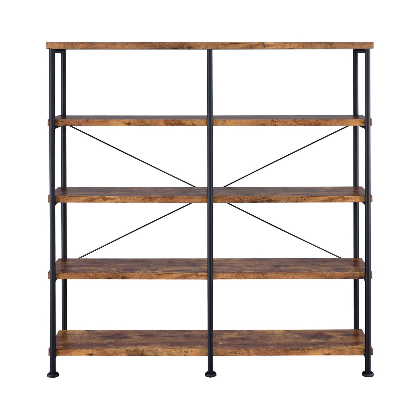 Rustic industrial bookshelf with five woodlook shelves and black metal frame