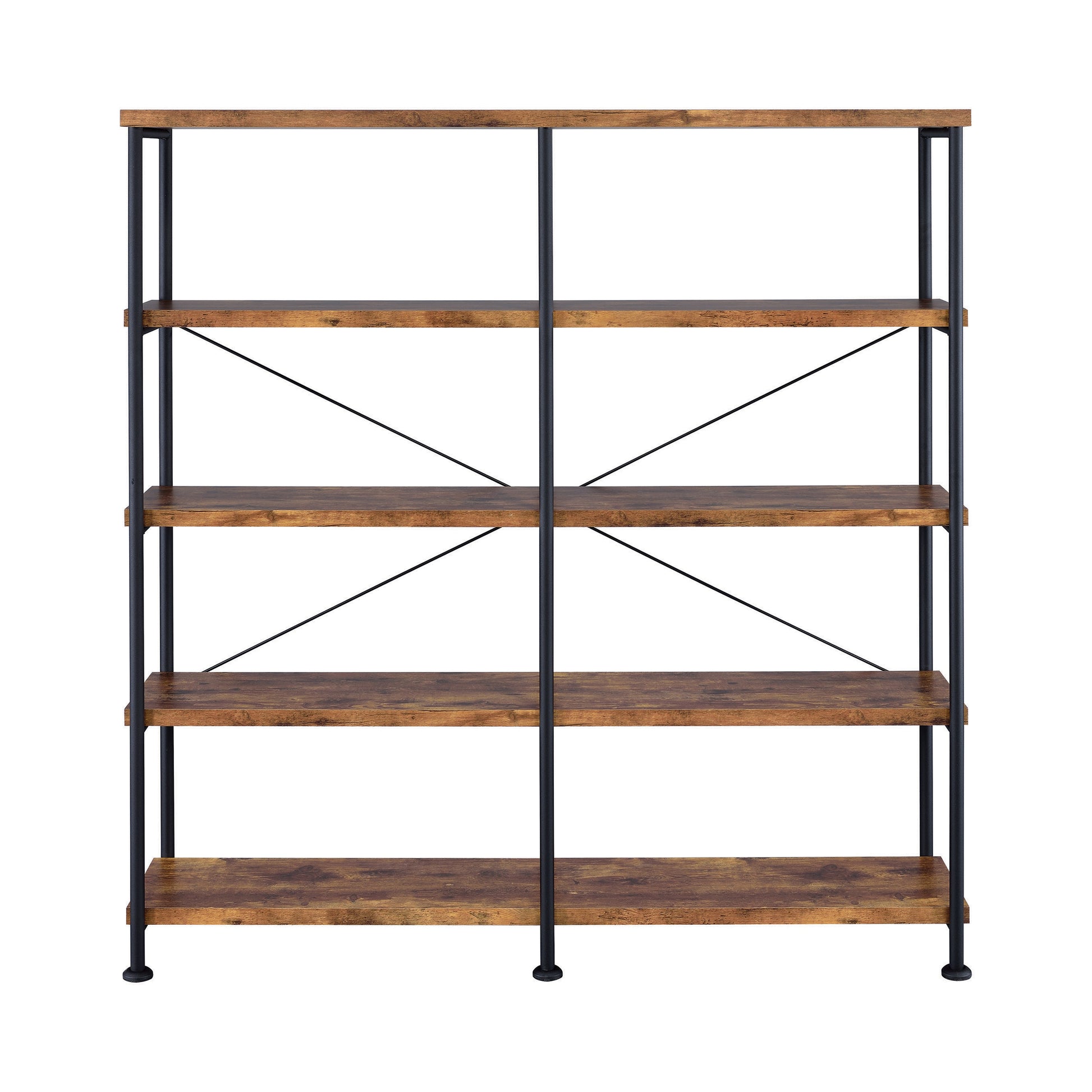 Rustic industrial bookshelf with five woodlook shelves and black metal frame