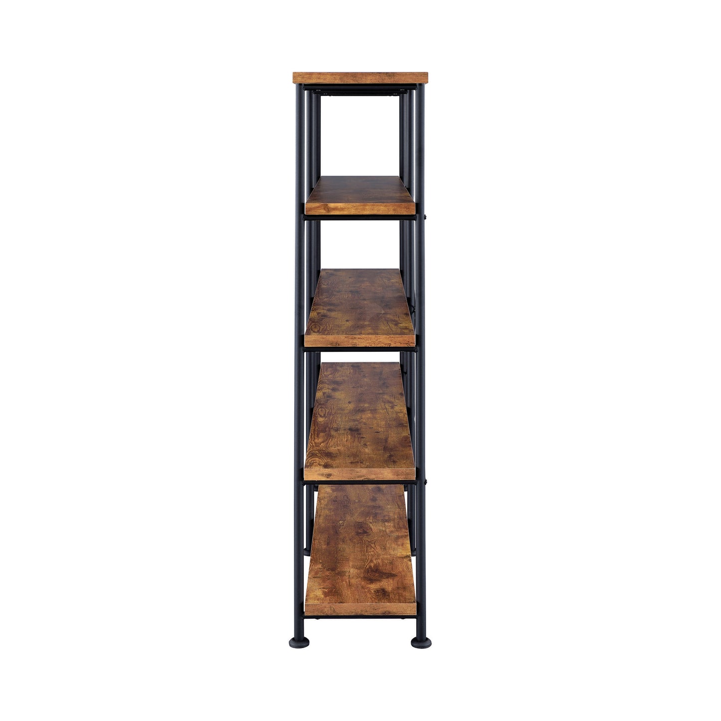 Tall industrial bookshelf with five woodgrain shelves and black metal frame