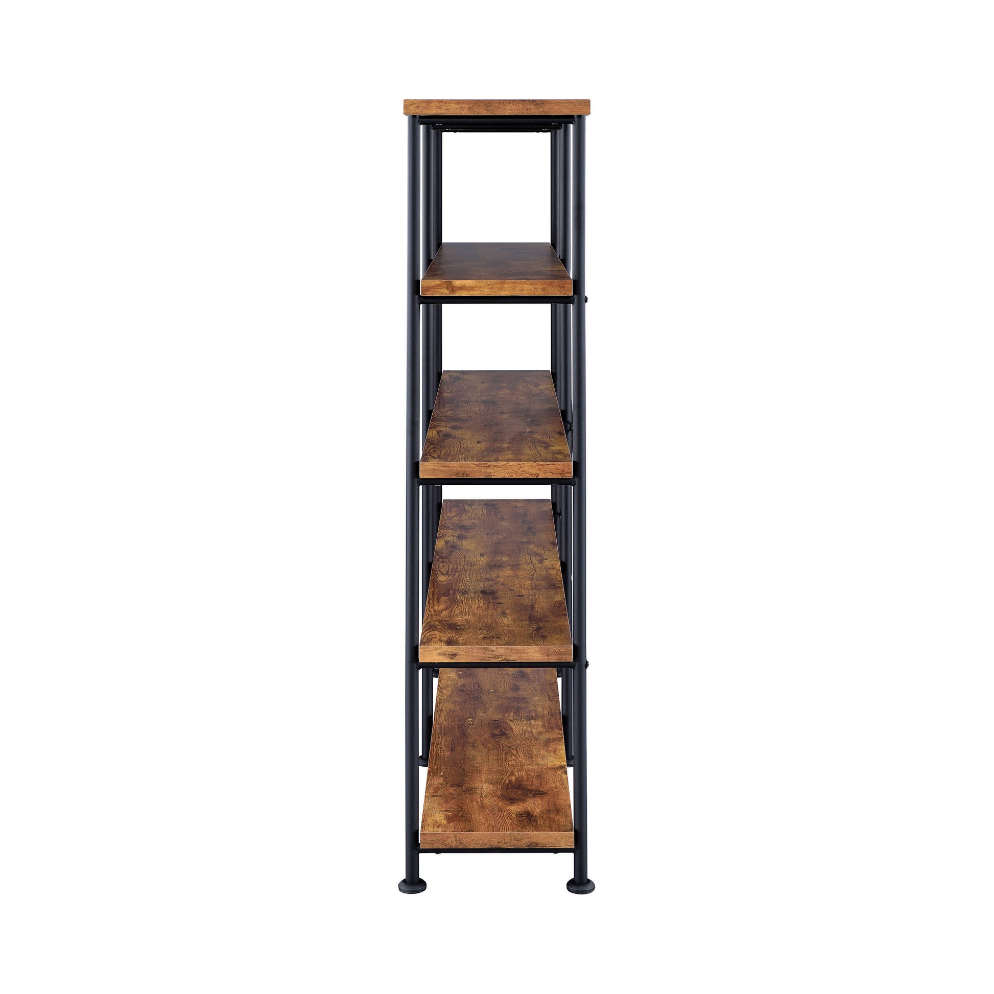 Tall industrial bookshelf with five woodgrain shelves and black metal frame