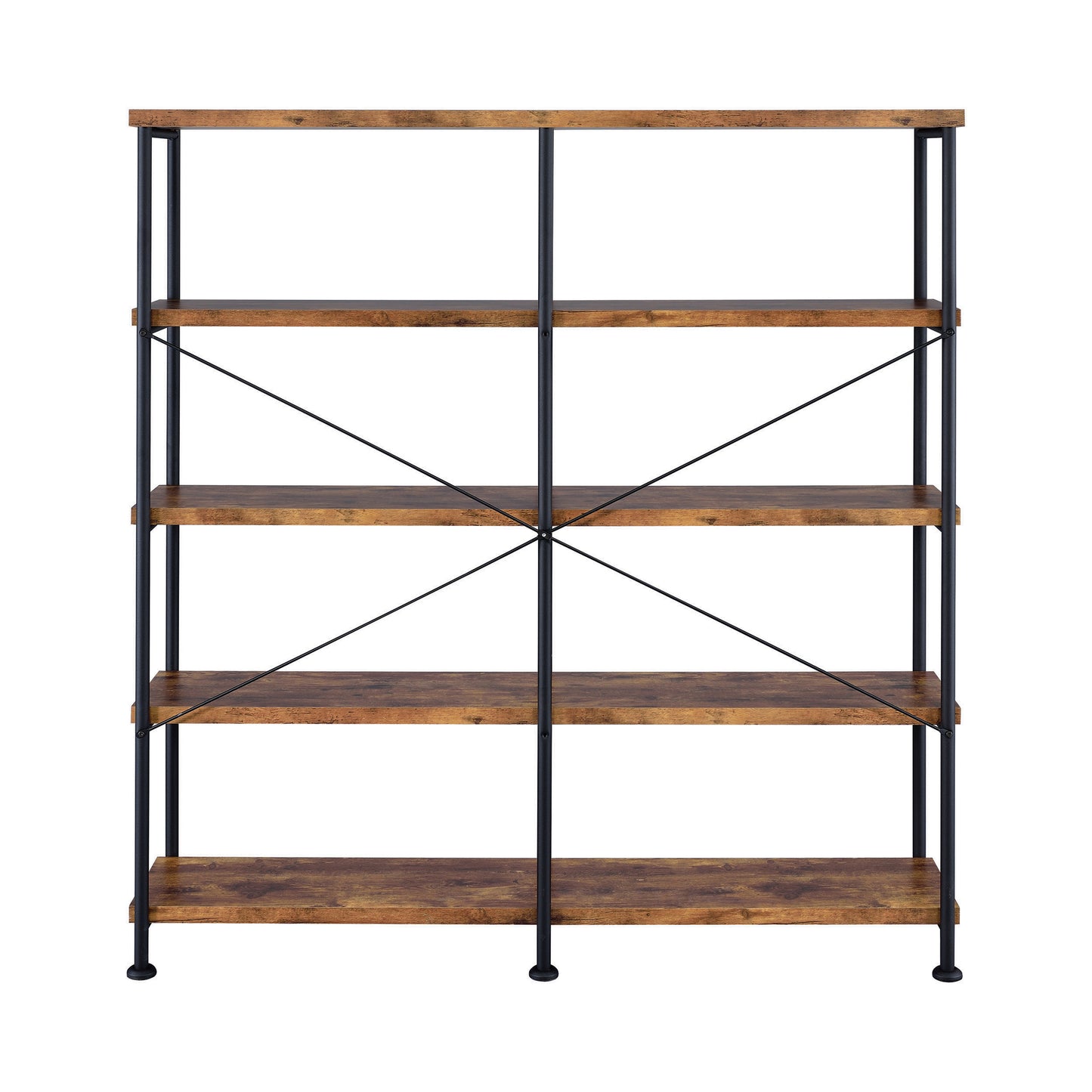 Rustic industrial bookshelf with  woodgrain shelves and black metal frame