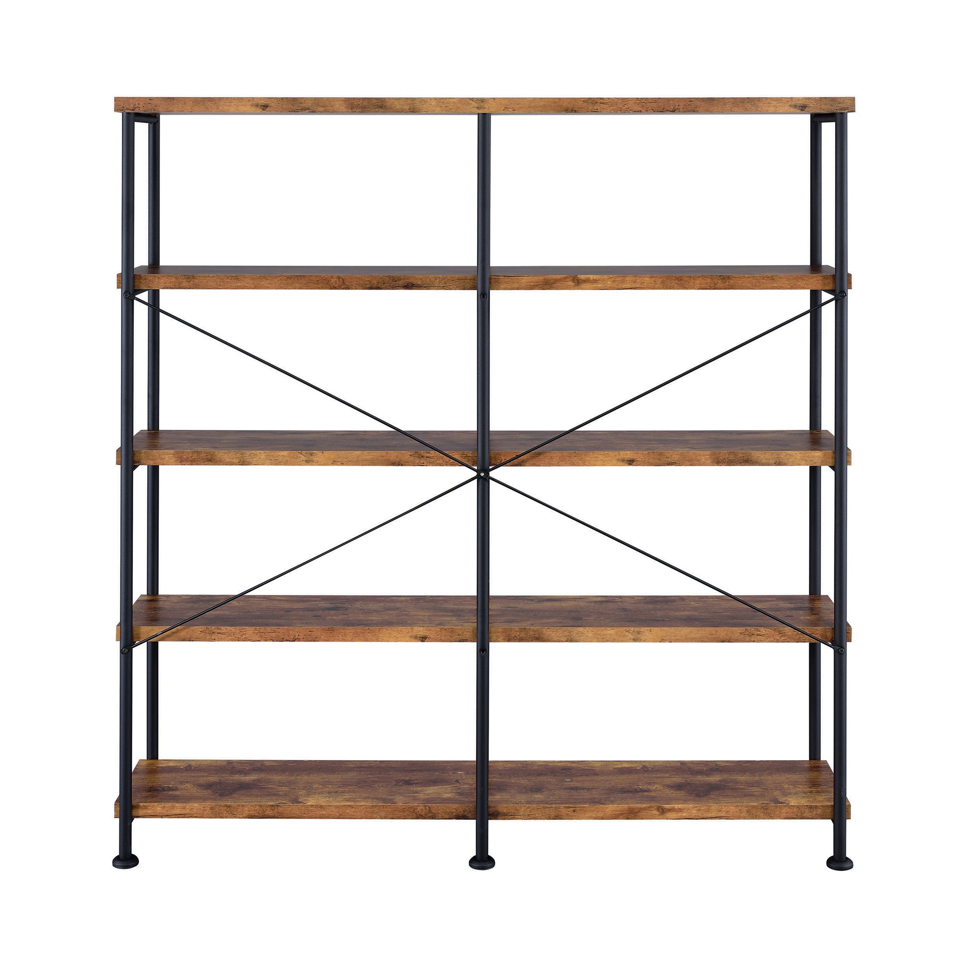 Rustic industrial bookshelf with  woodgrain shelves and black metal frame