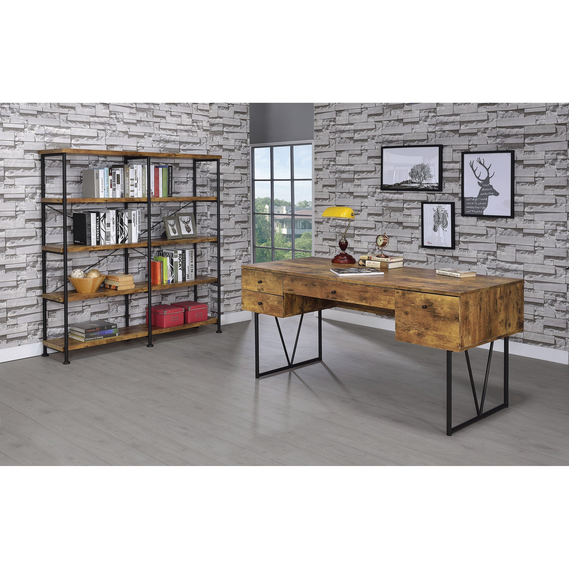 Rustic oak wood desk with black hairpin legs and ample drawer storage
