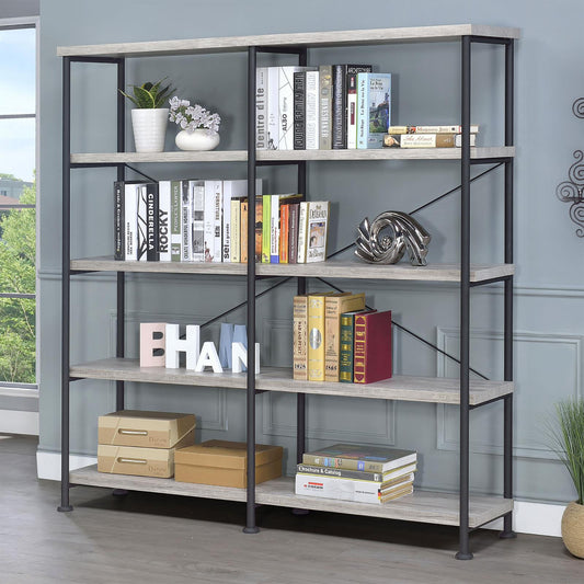 Industrial style grey wood bookshelf with black metal frame