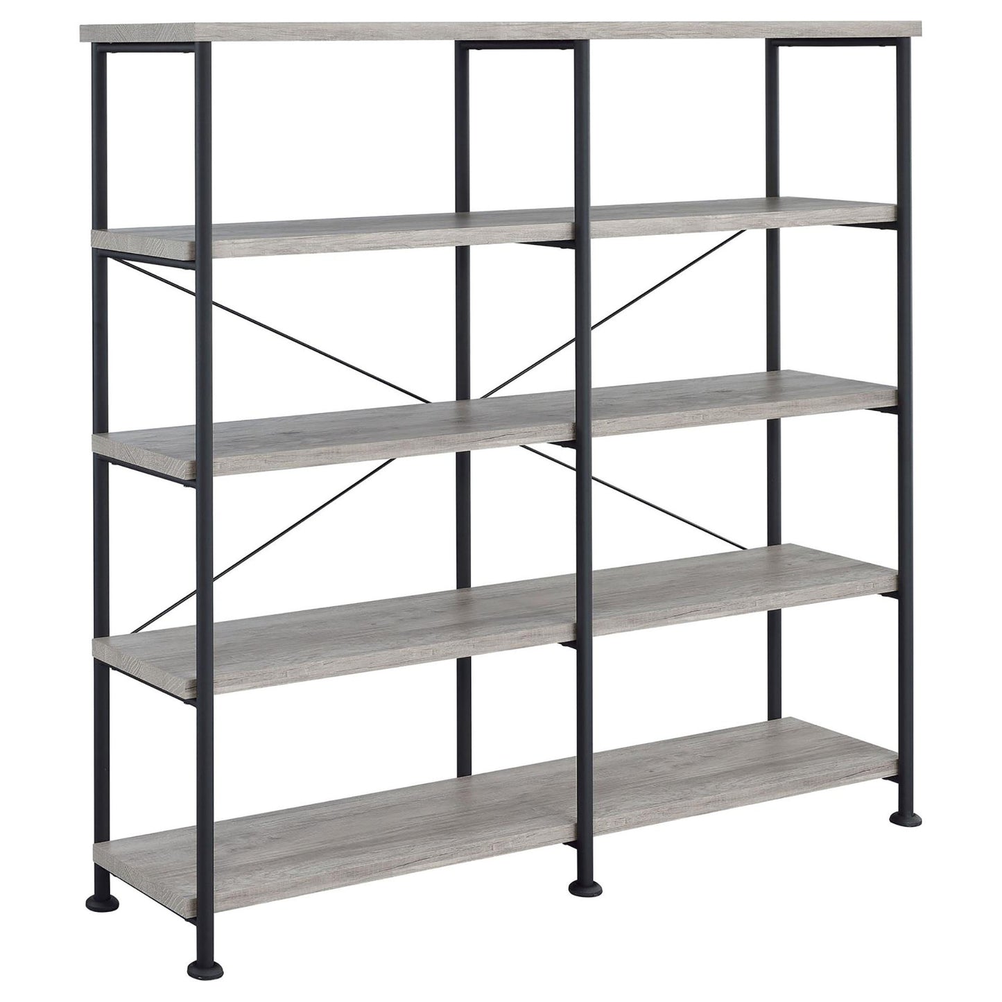 Gray wood bookshelf with black metal frame and four shelves