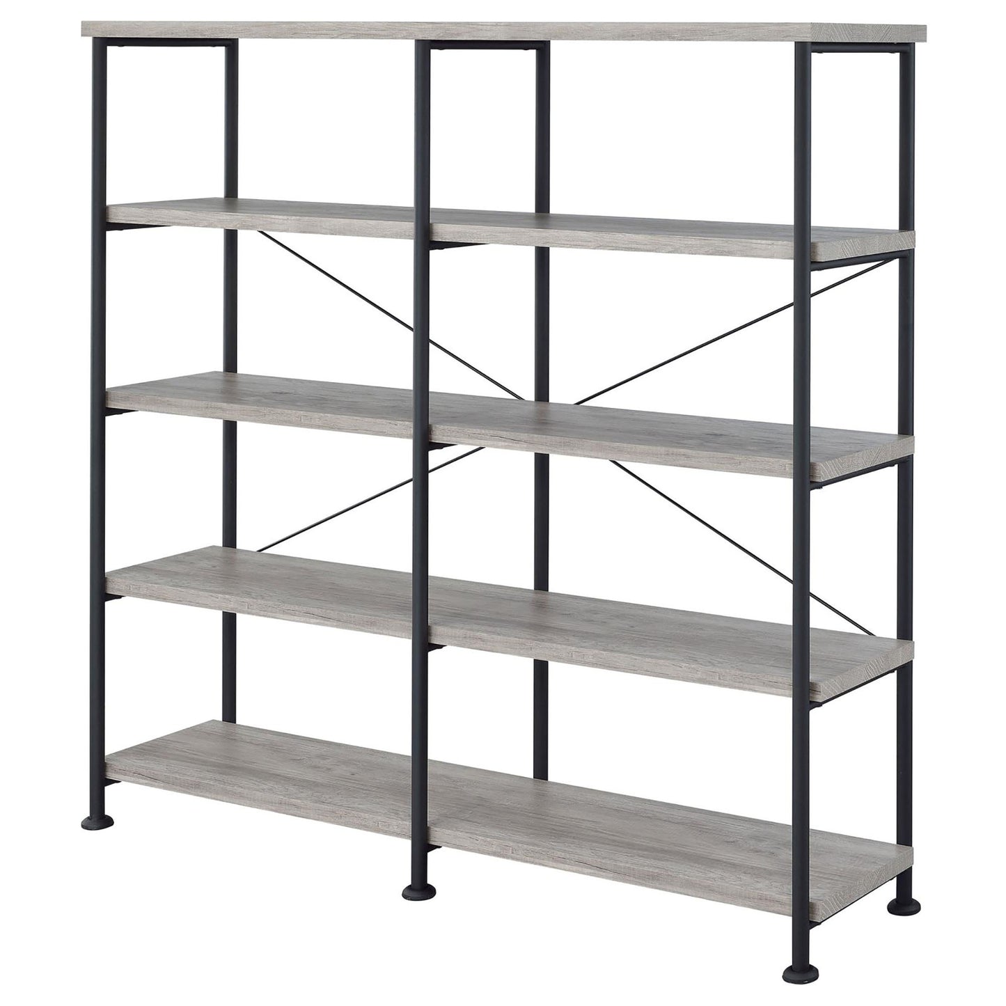 Modern grey wood bookshelf with black metal frame and four shelves