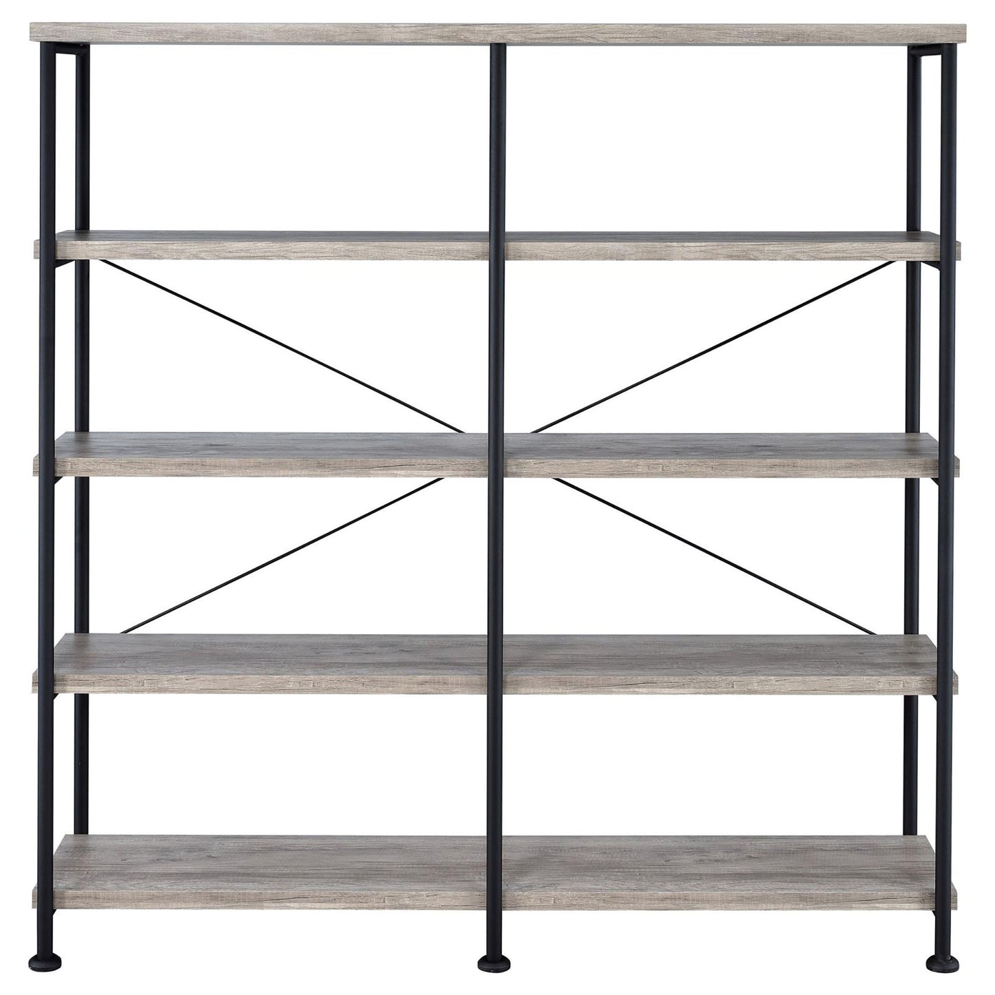 Industrial fiveshelf bookcase with distressed wood and black metal frame