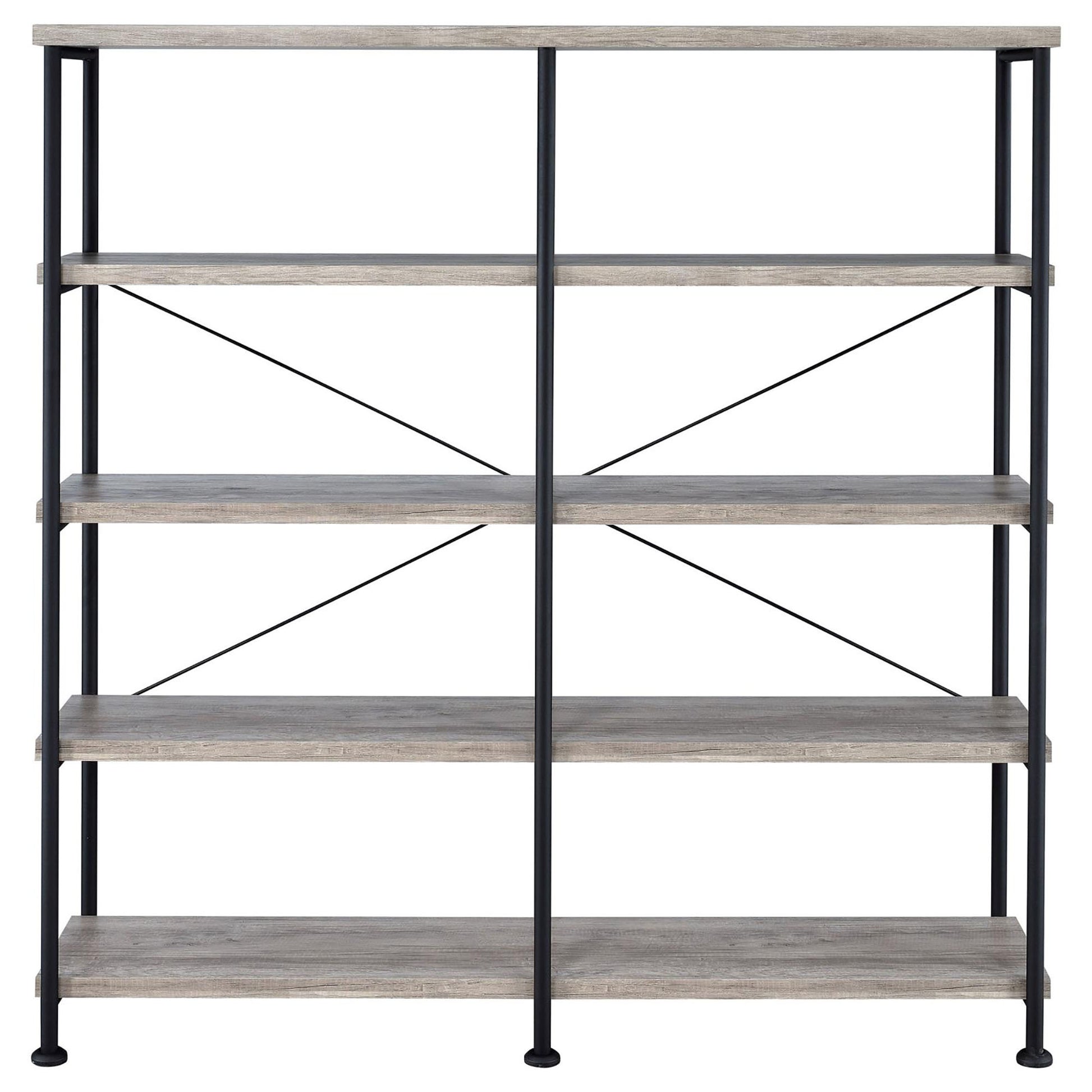 Industrial fiveshelf bookcase with distressed wood and black metal frame