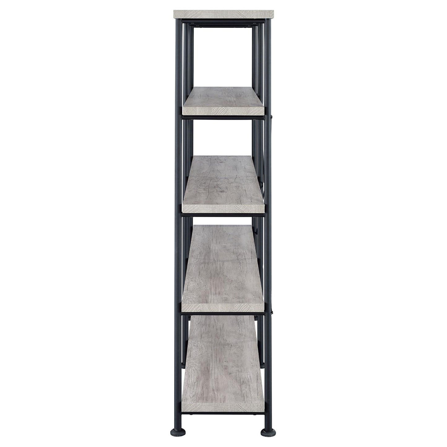 Industrial bookshelf with five distressed grey wood shelves and black metal frame