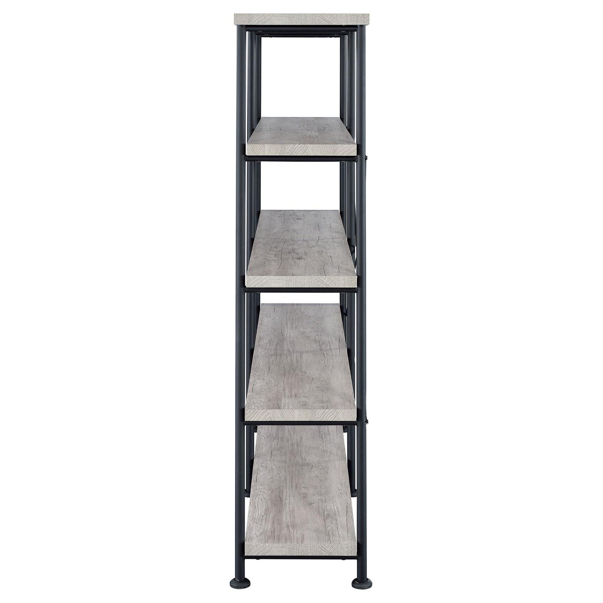 Industrial bookshelf with five distressed grey wood shelves and black metal frame