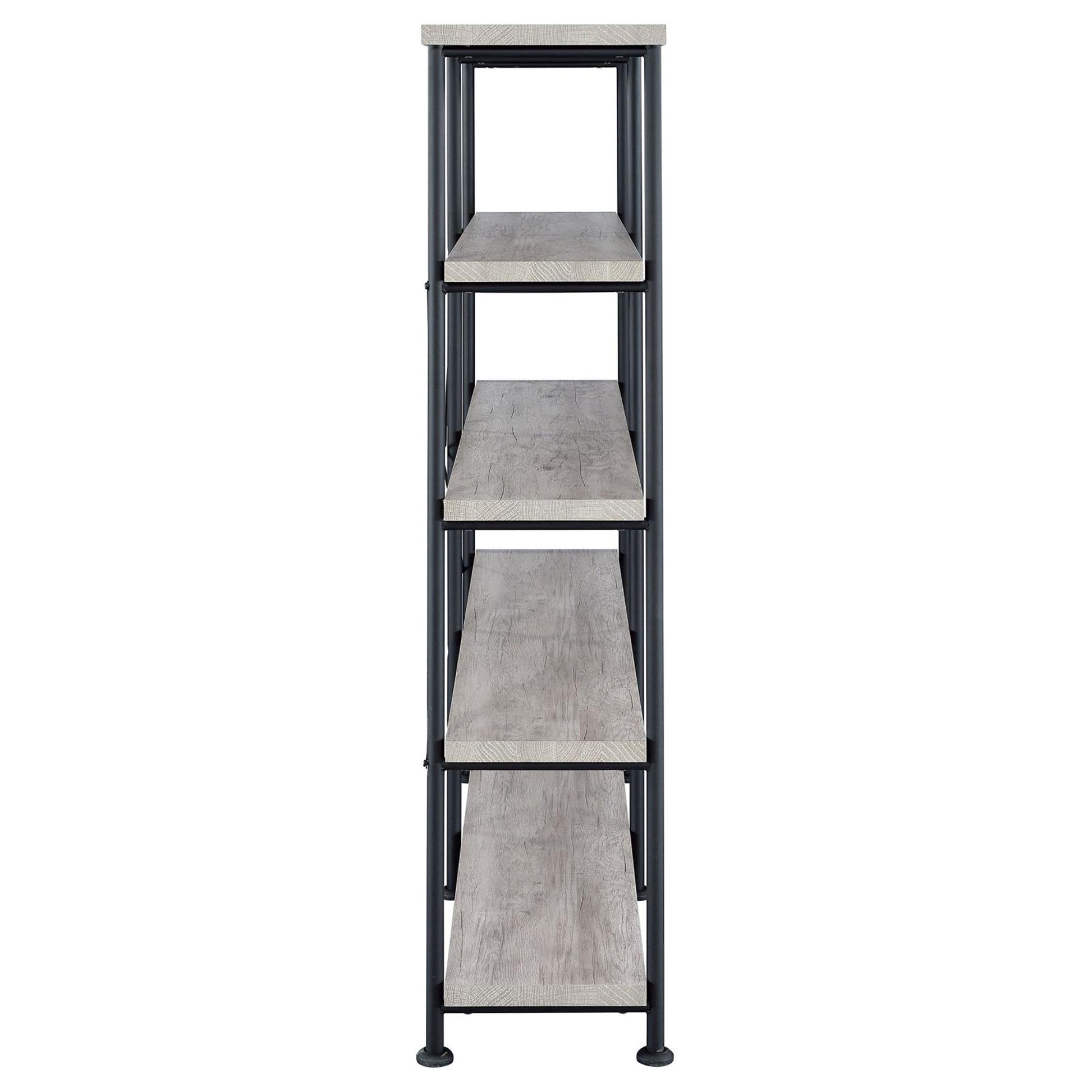 Gray wood and black metal fivetier industrial bookshelf