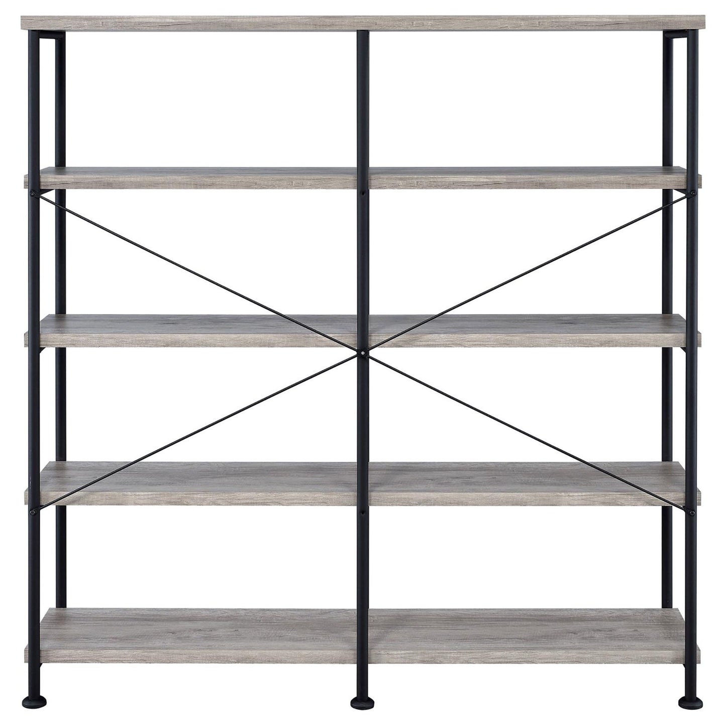Industrial style gray wood bookshelf with black metal frame and five shelves