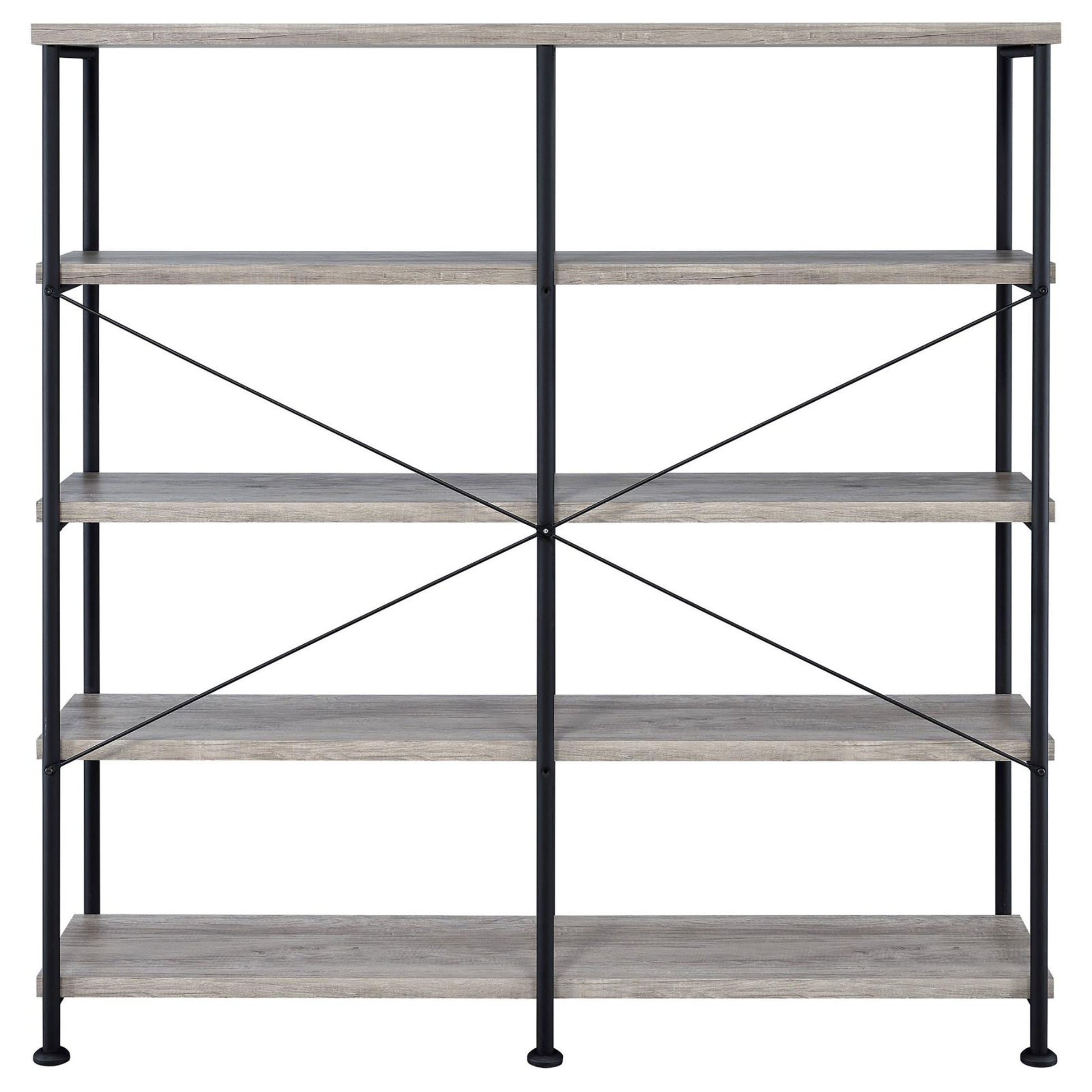 Industrial style gray wood bookshelf with black metal frame and five shelves