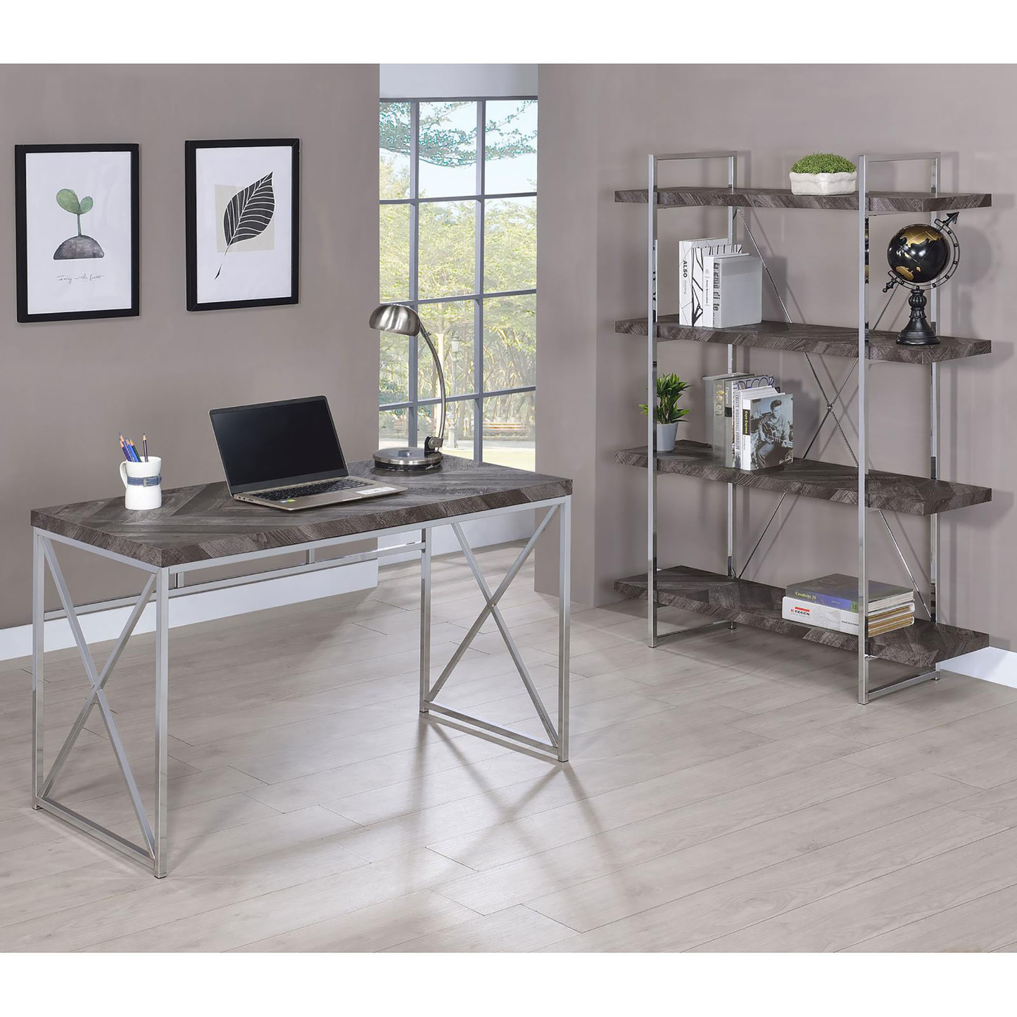Gray wood veneer desk with silver metal legs and laptop