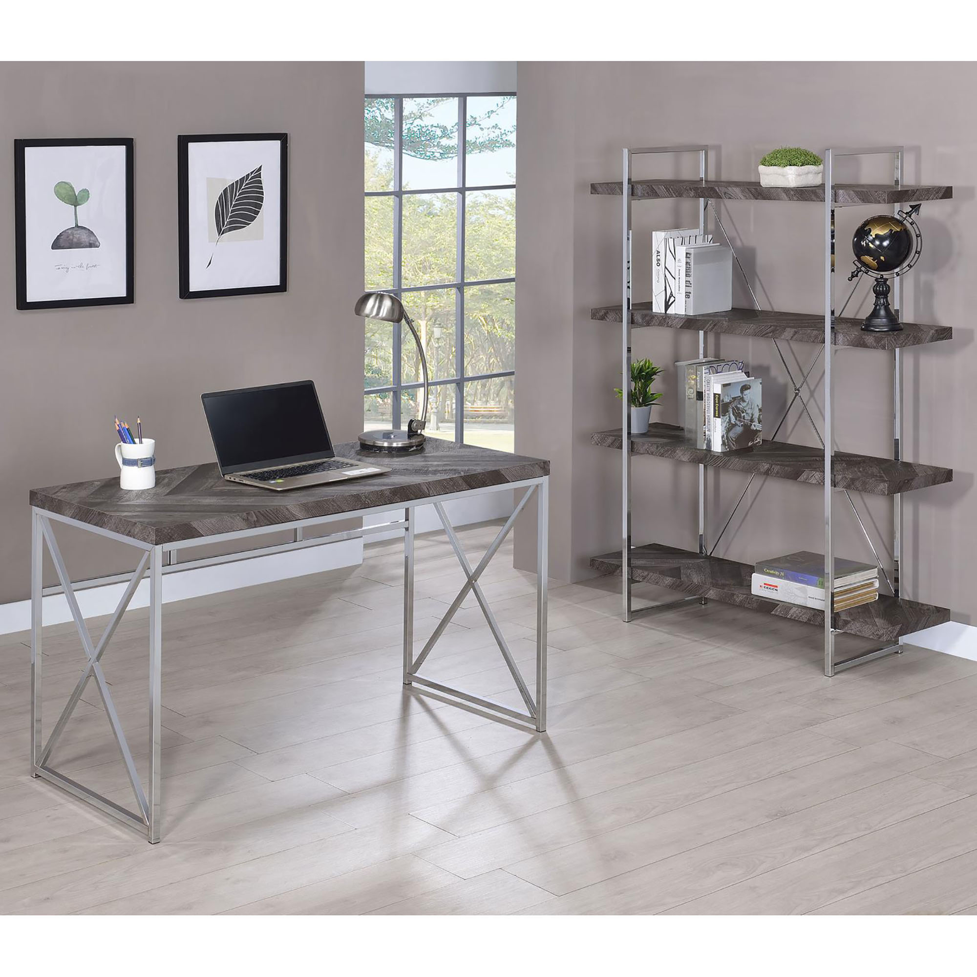 Gray wood veneer desk with silver metal legs and laptop