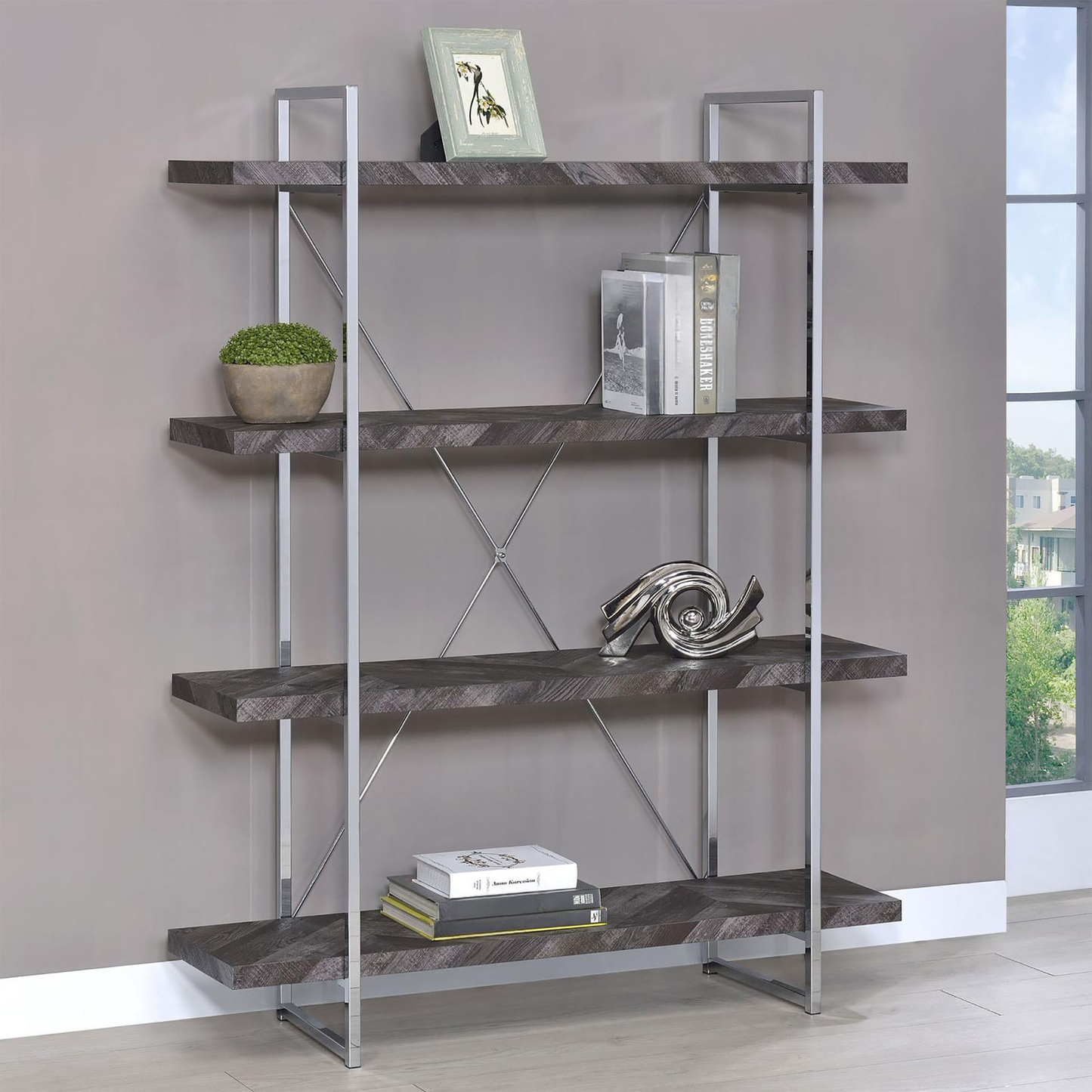 Modern gray wood bookshelf with chrome frame and four open shelves