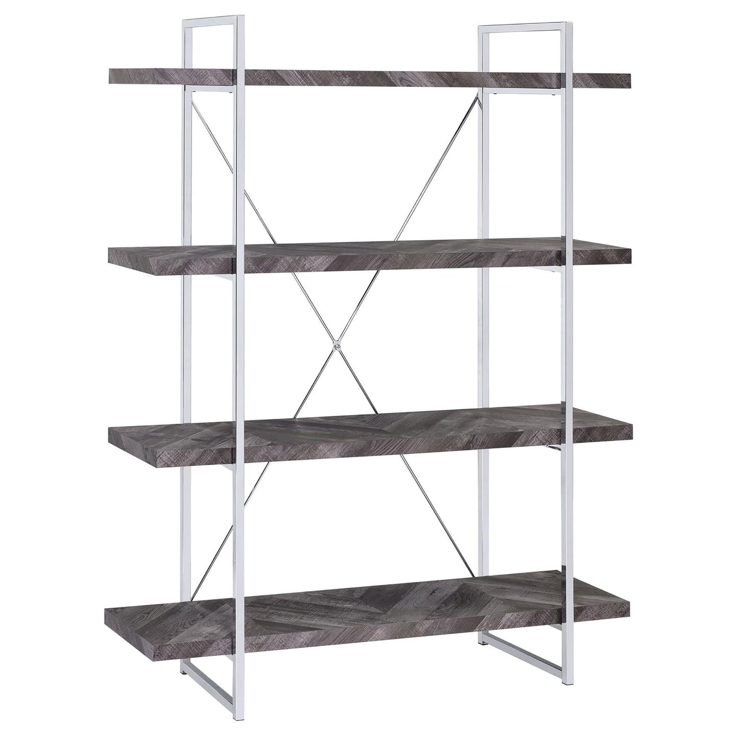 Modern fourshelf bookcase with grey wood grain shelves and silver metal frame