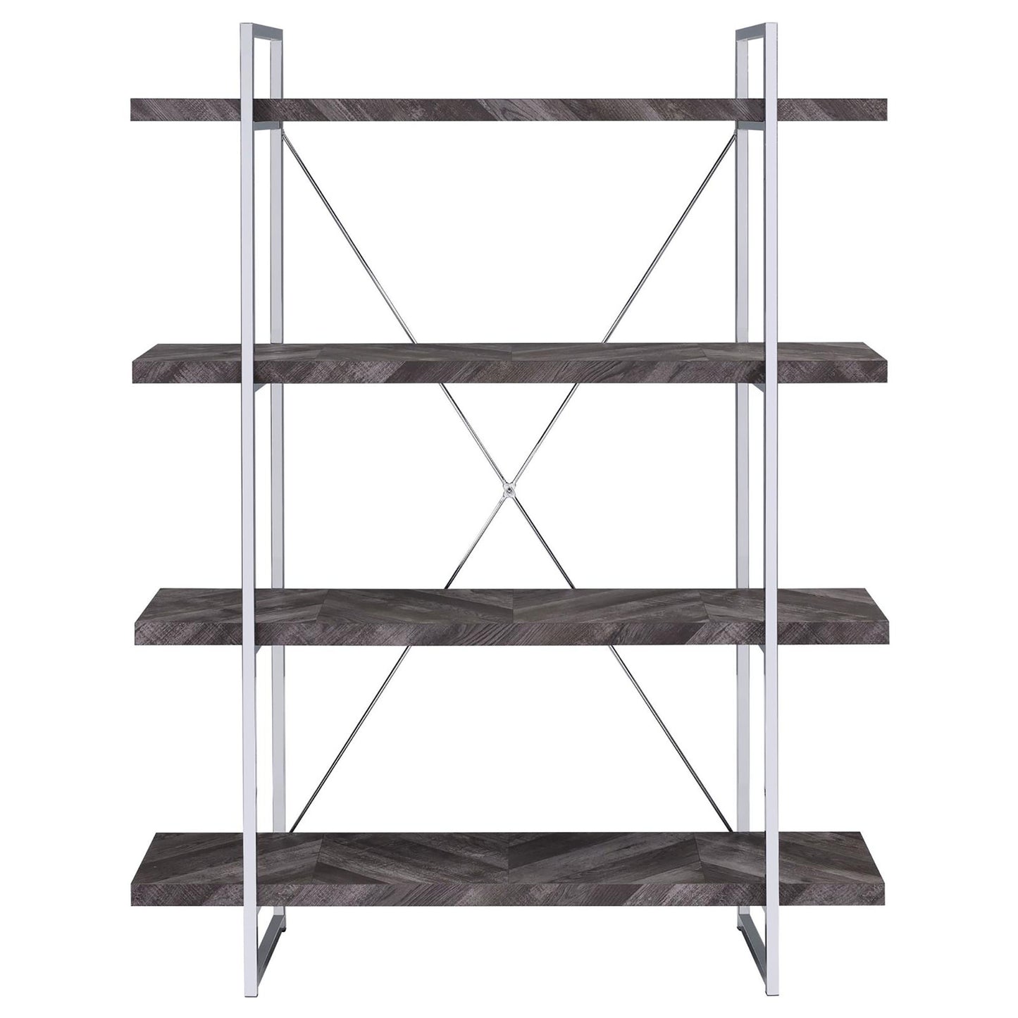 Fourtier modern bookshelf with dark wood grain shelves and chrome metal frame