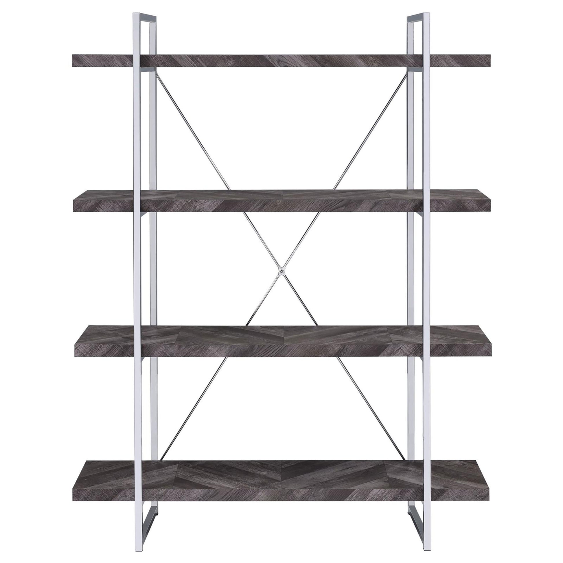 Fourtier modern bookshelf with dark wood grain shelves and chrome metal frame