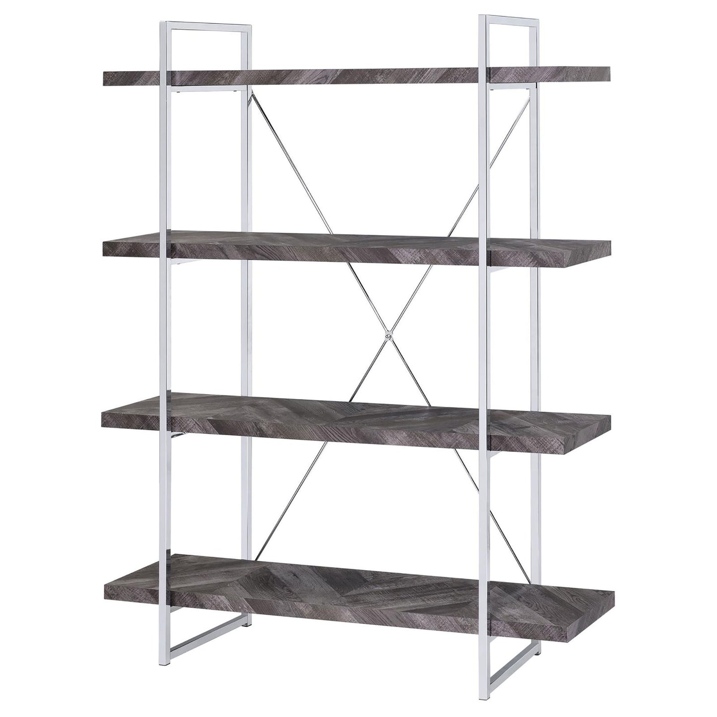 Modern fourshelf etagere bookshelf with distressed woodlook shelves and chrome frame