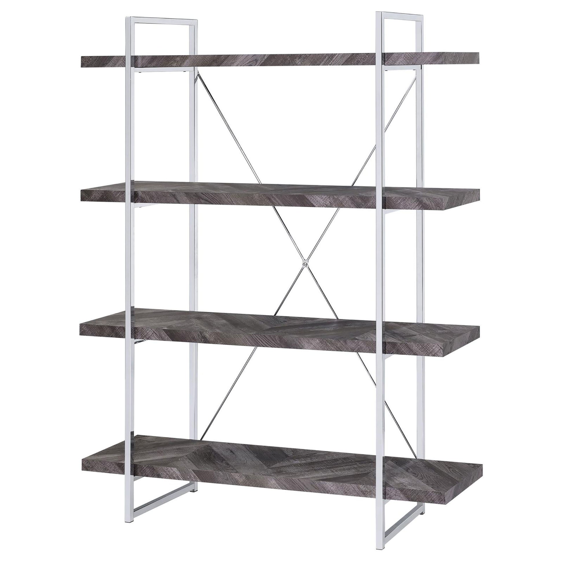 Modern fourshelf etagere bookshelf with distressed woodlook shelves and chrome frame