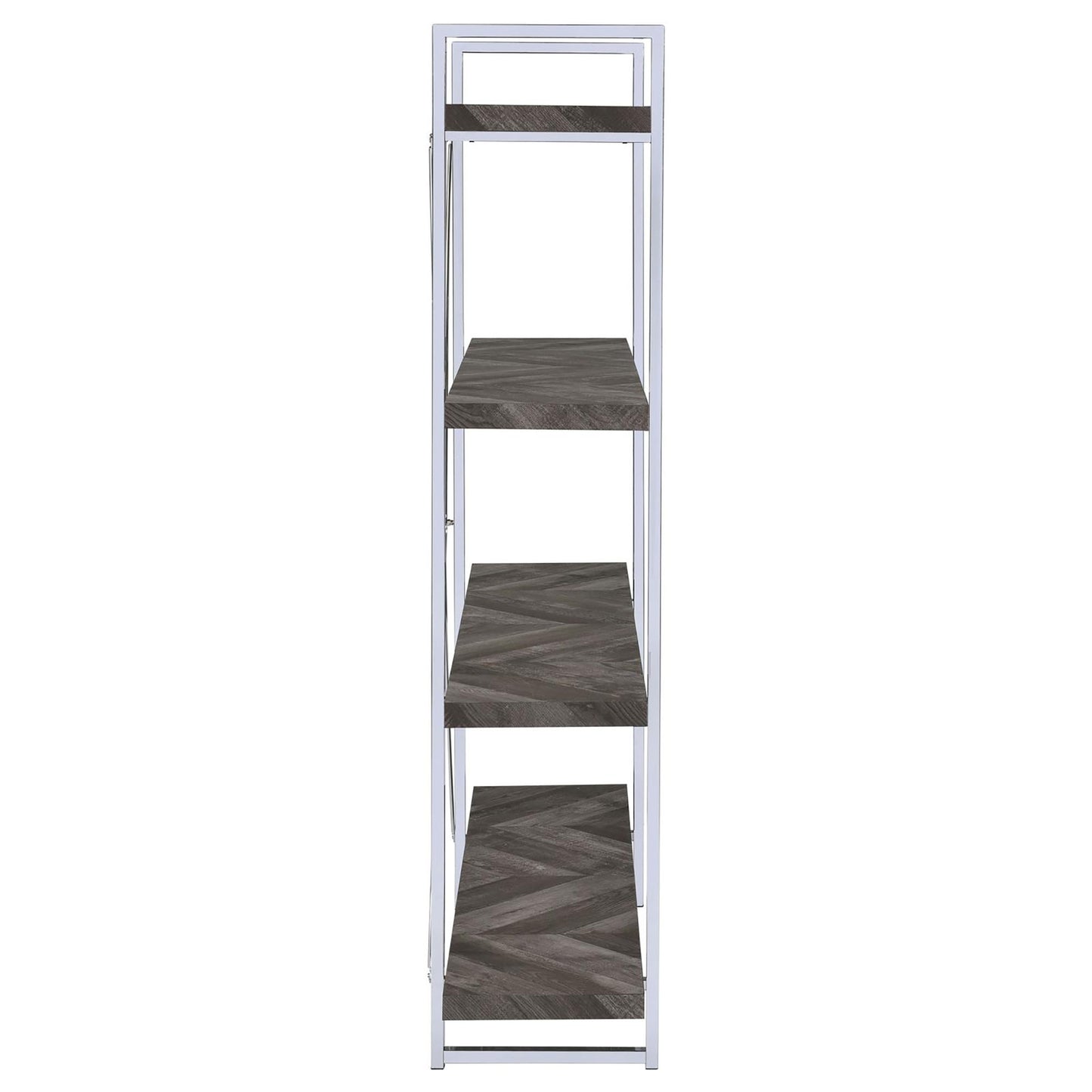 Modern chrome bookshelf with dark wood herringbone shelves