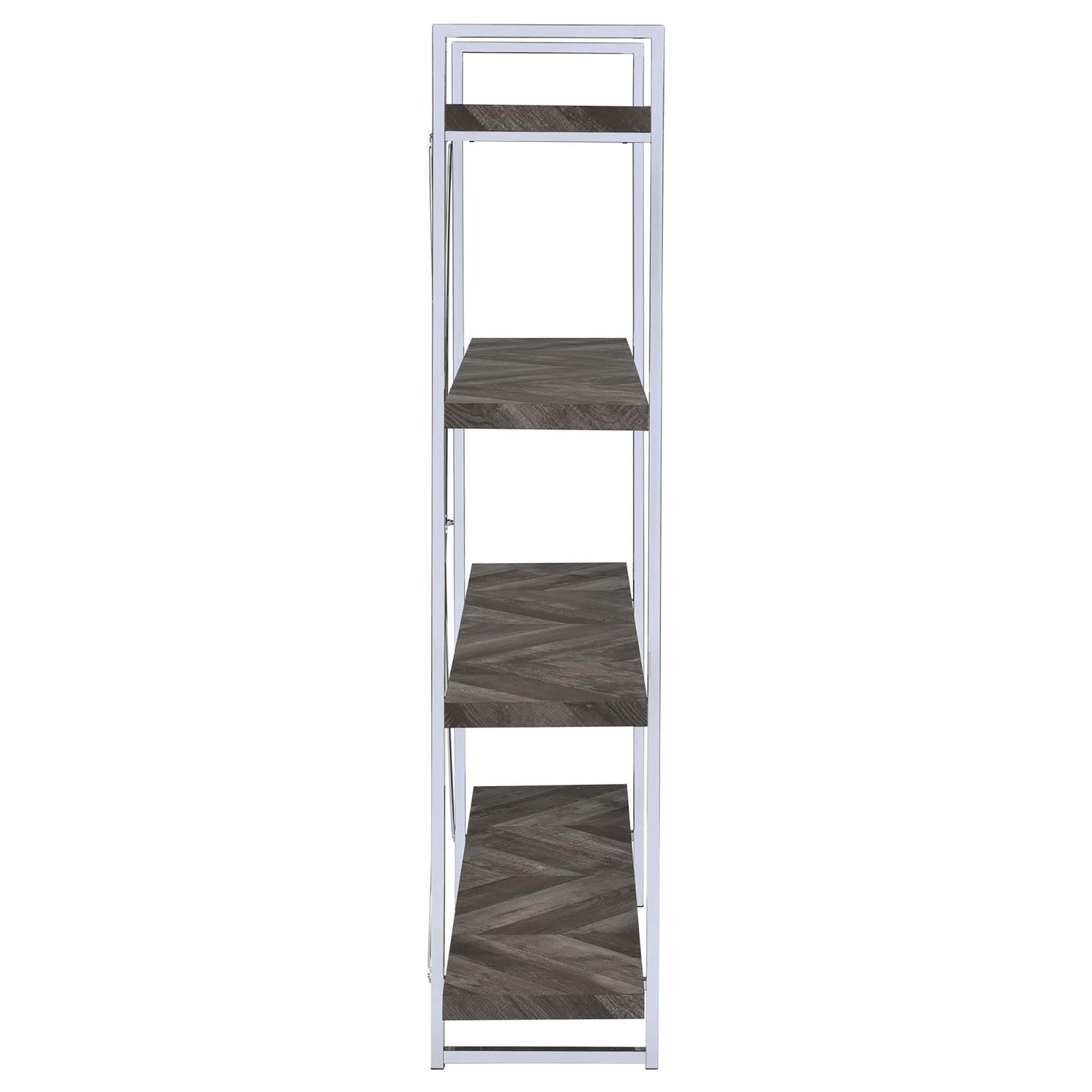 Modern chrome bookshelf with dark wood herringbone shelves