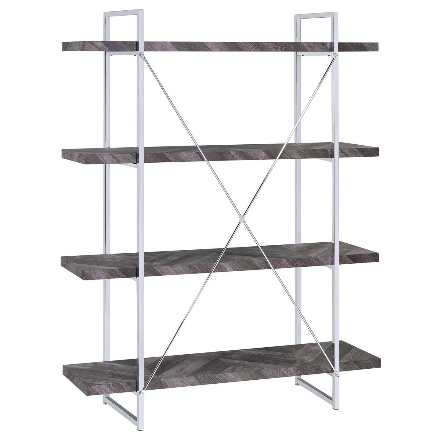 Fourshelf bookcase with dark wood grain shelves and a chrome metal frame