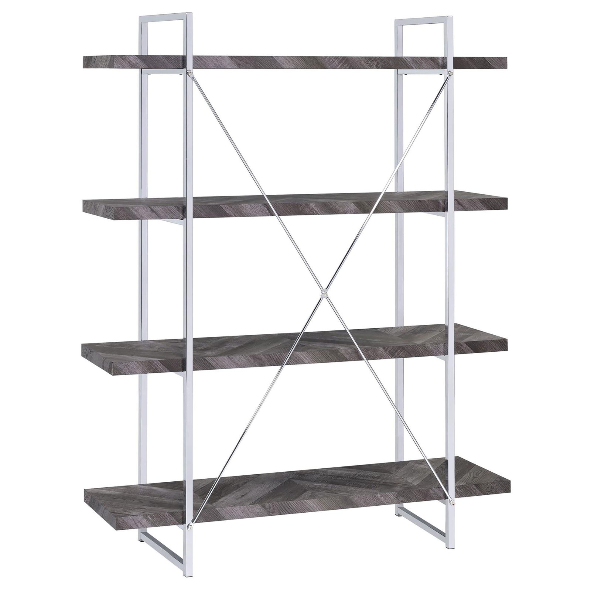 Fourshelf bookcase with dark wood grain shelves and a chrome metal frame