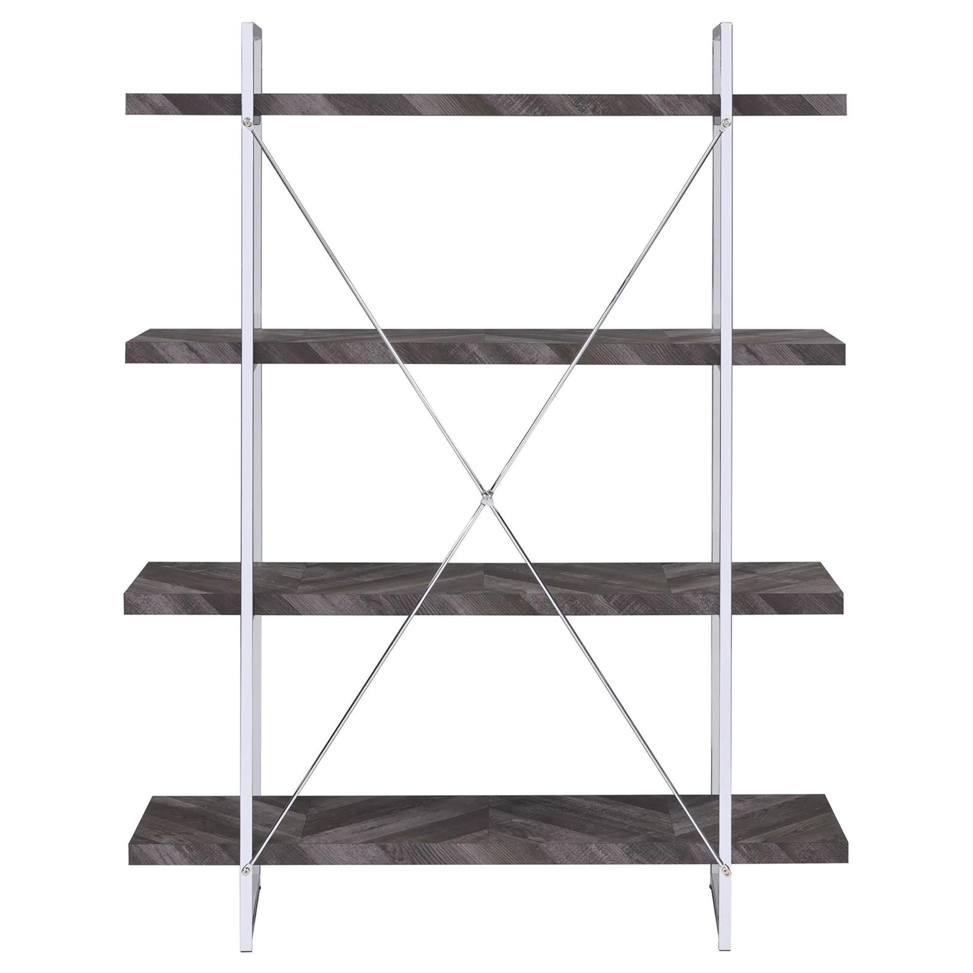 Modern grey wood bookshelf with chrome frame