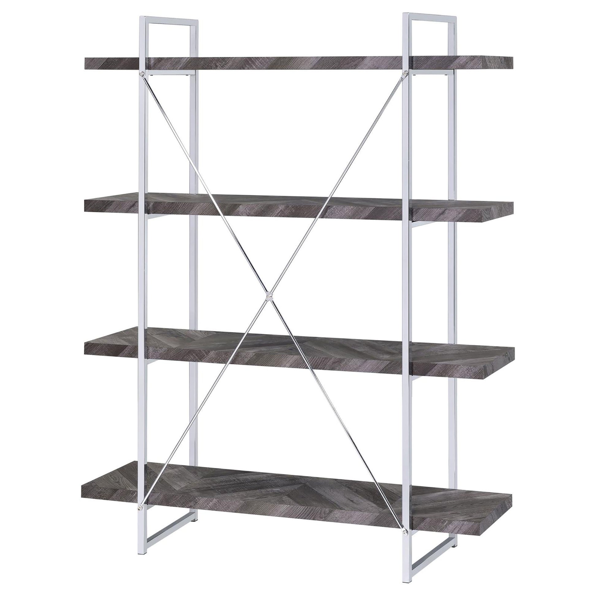 Fourshelf industrial bookshelf with dark wood grain shelves and silver metal frame