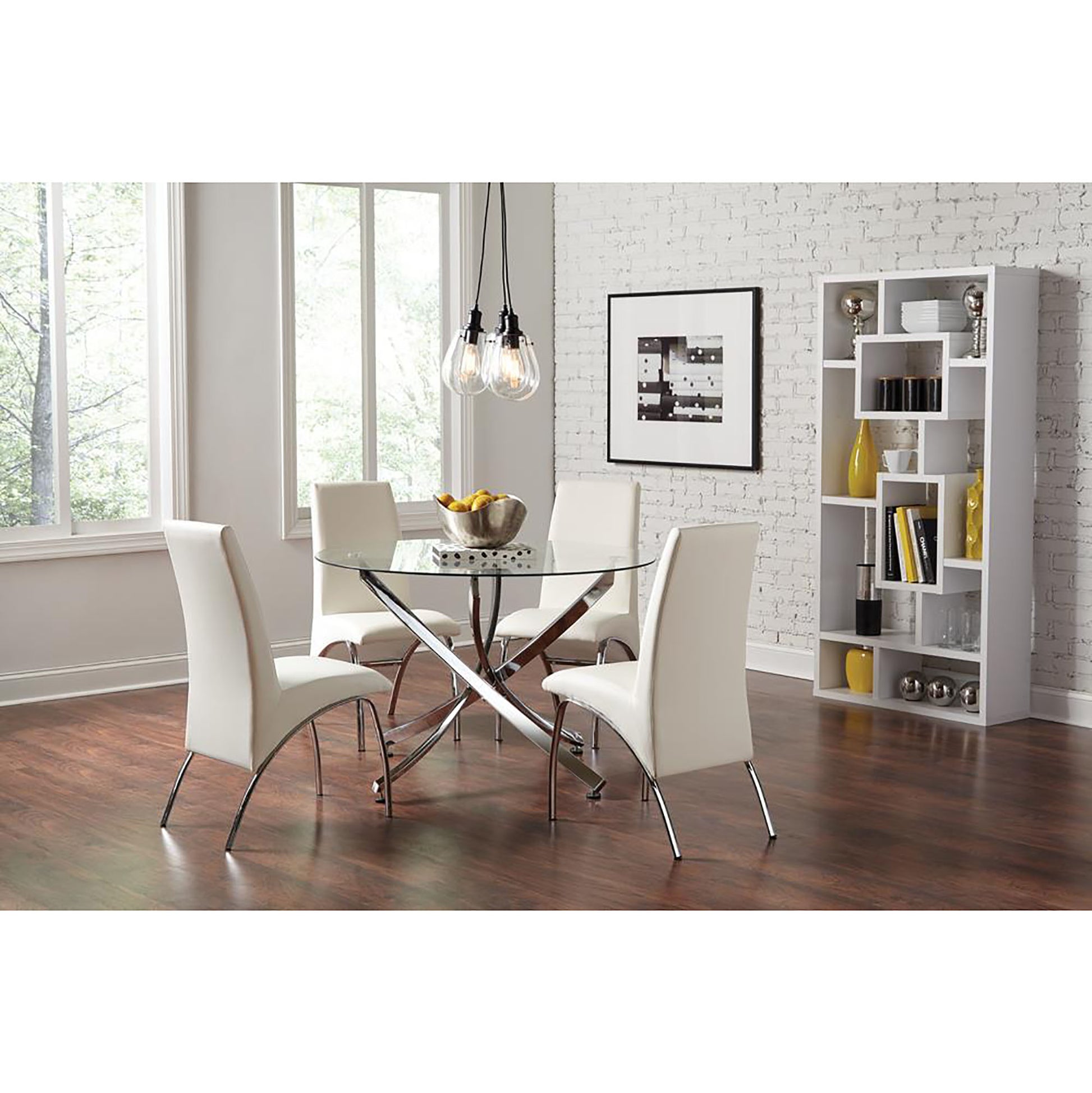 Modern dining set with four white leather chairs and a glasstop table