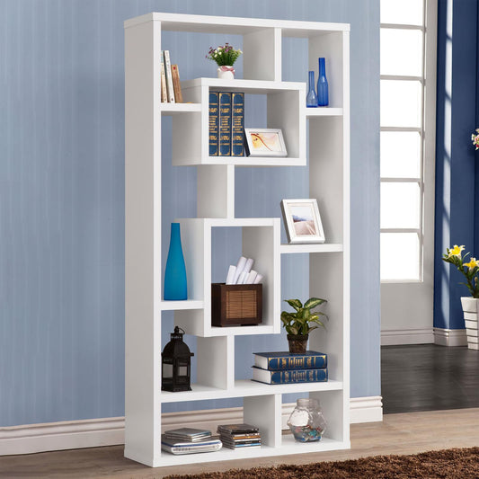 White geometric bookshelf with decorative items