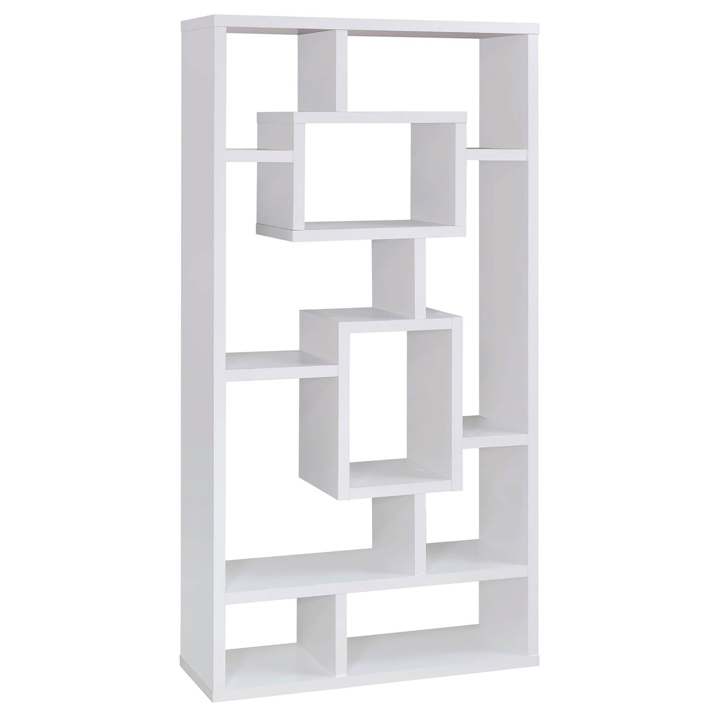 Modern white geometric bookcase with multiple open shelves