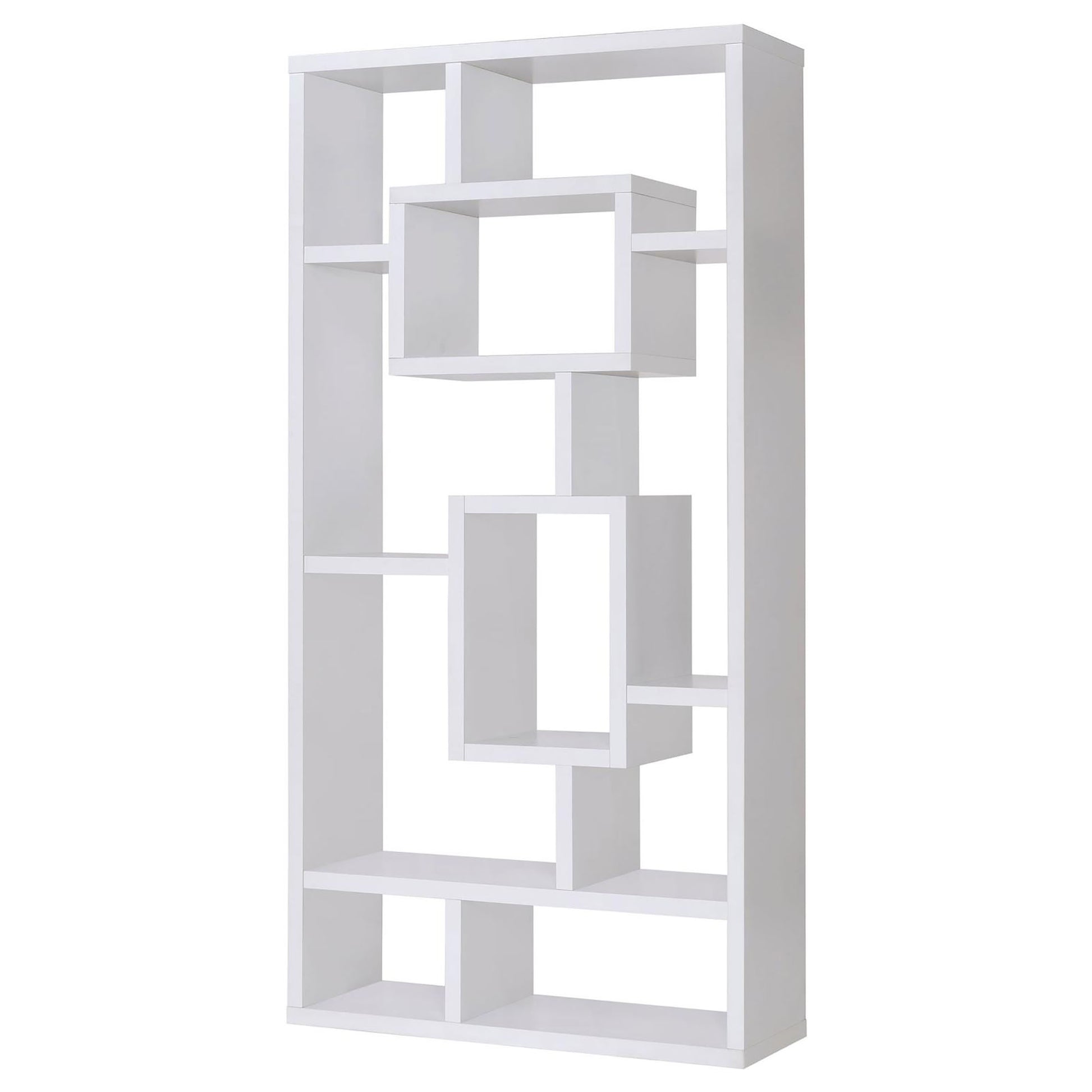 White geometric shelf unit with open cubbies