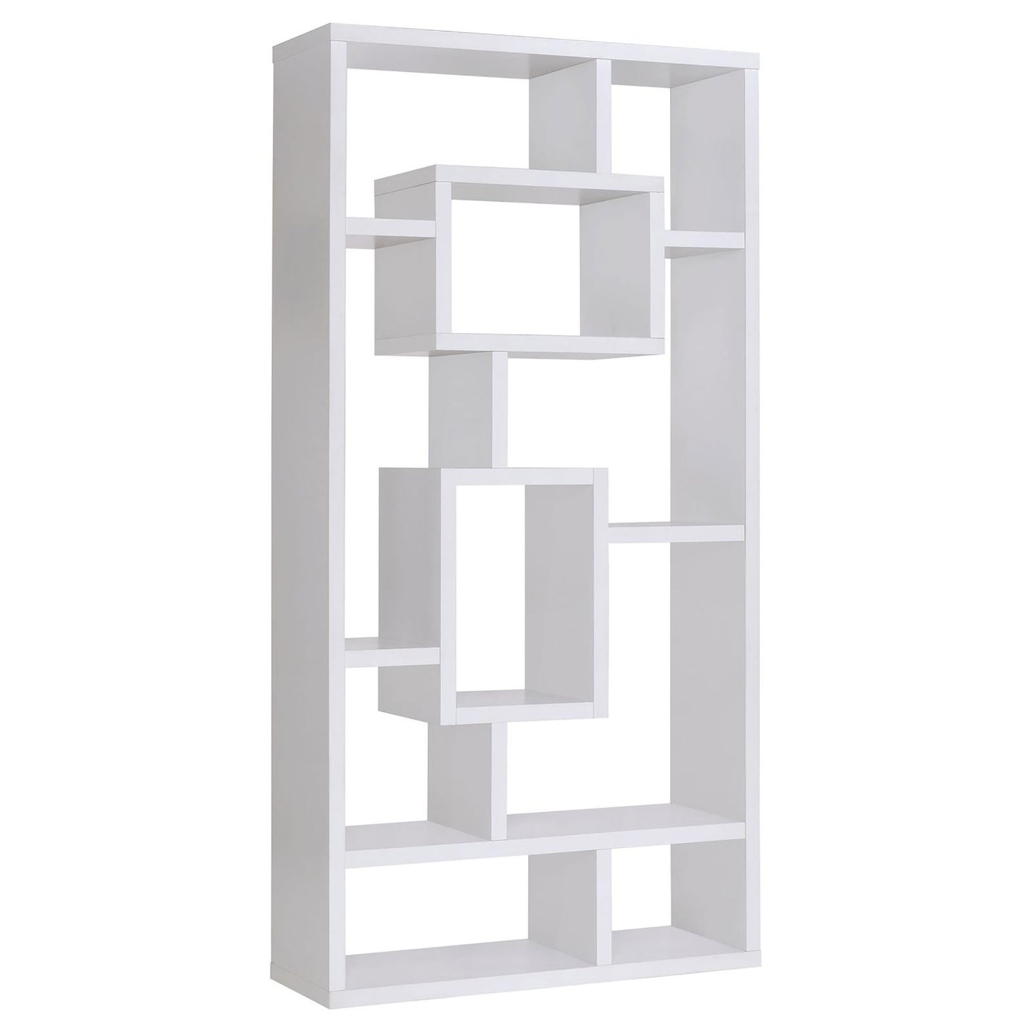 White geometric bookshelf with varied open cubbies