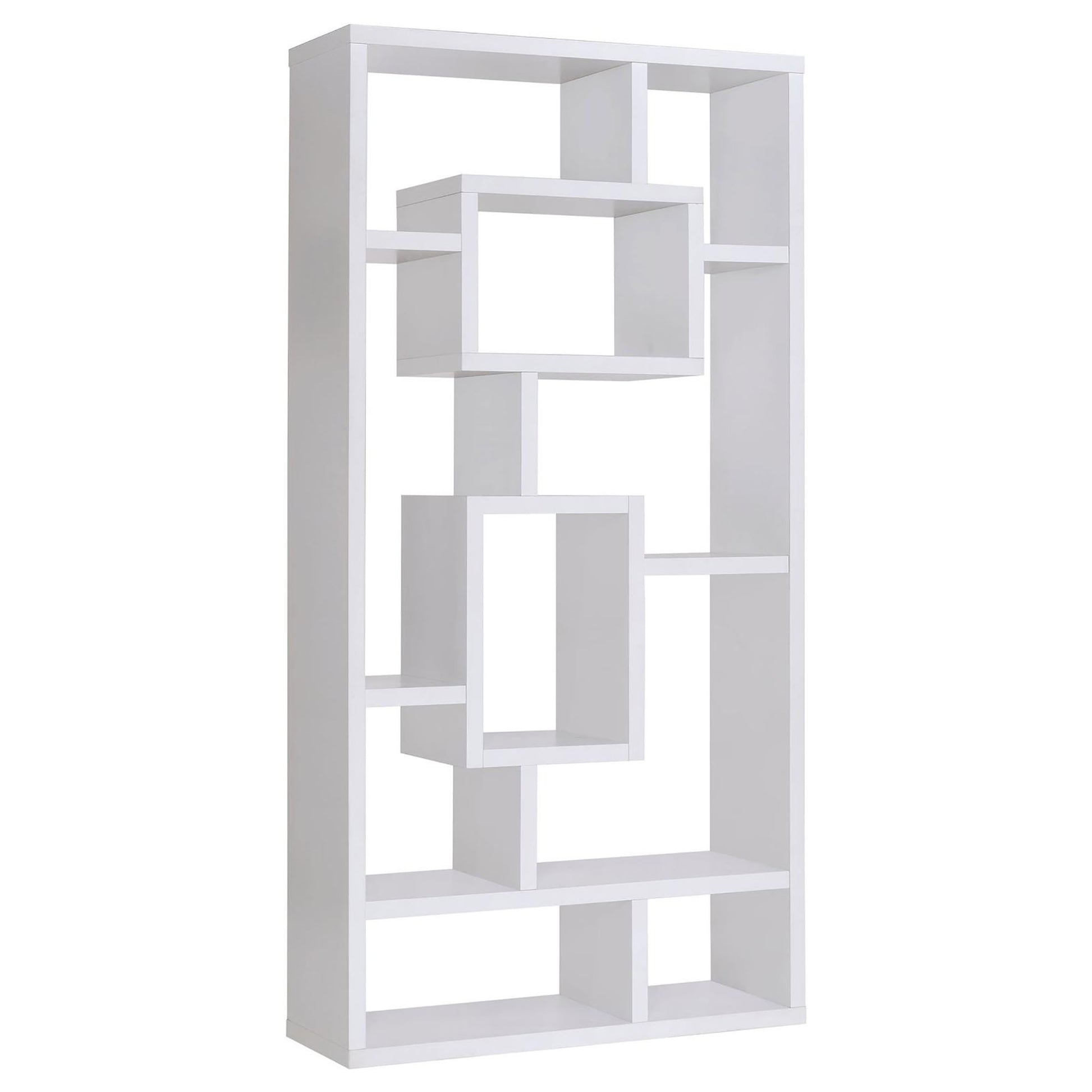 White geometric bookshelf with varied open cubbies