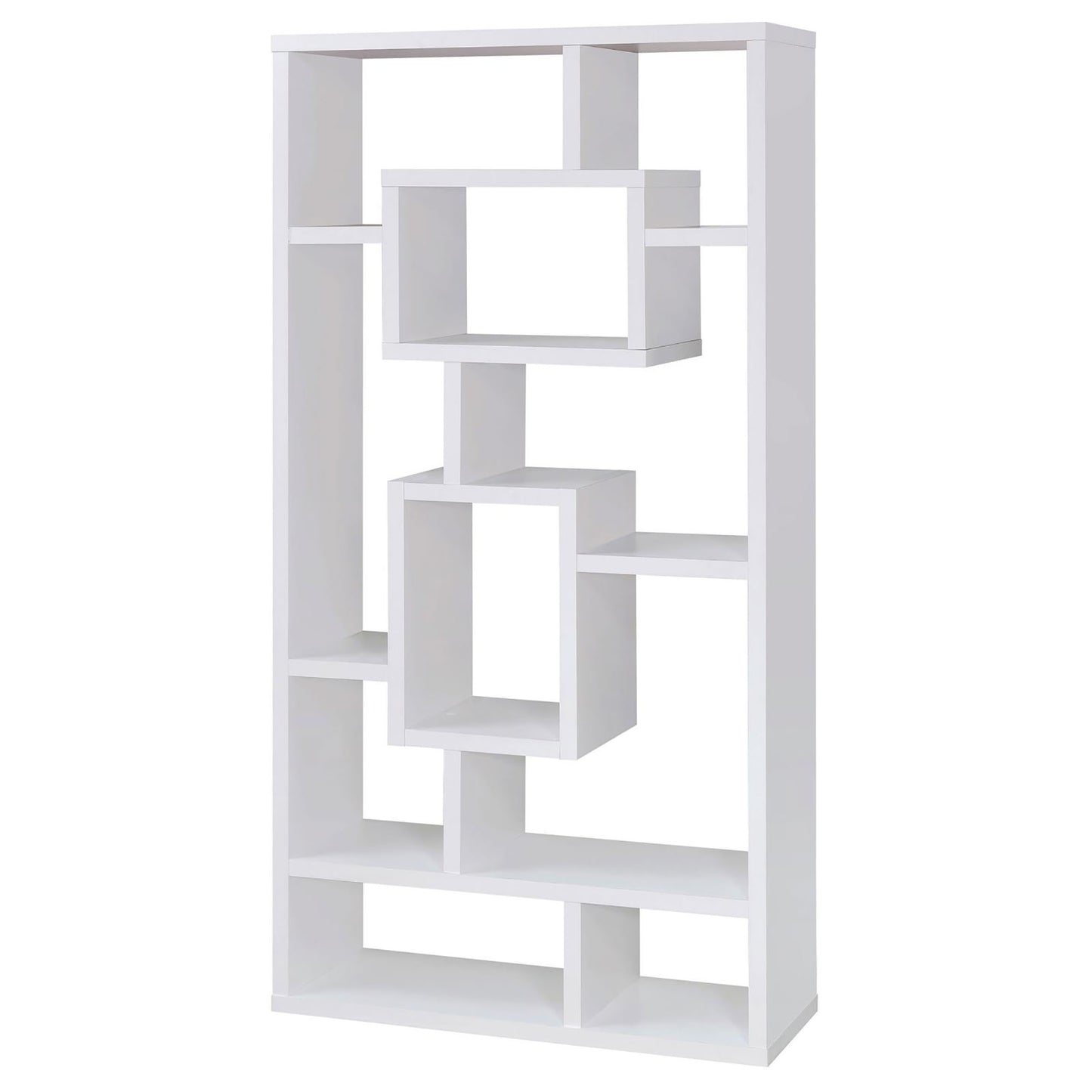White geometric bookshelf with open cubbies for display