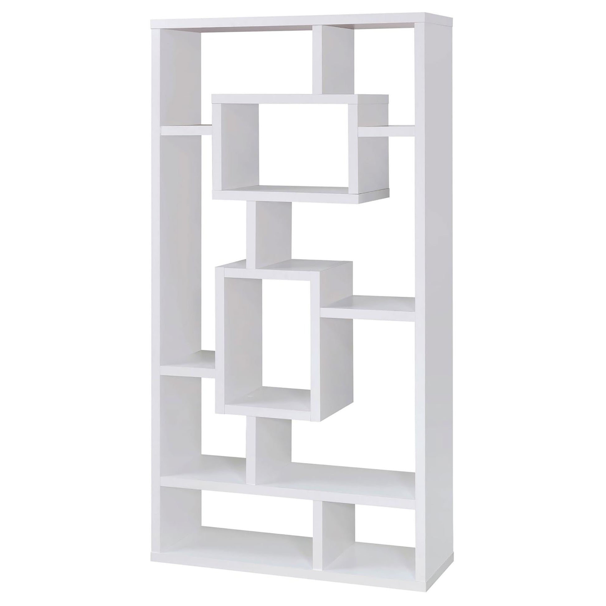 White geometric bookshelf with open cubbies for display