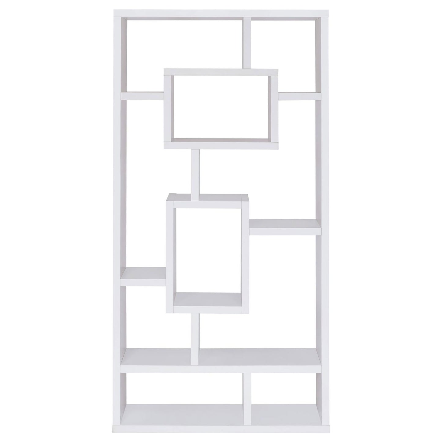 White modern geometric bookshelf with multiple staggered shelves
