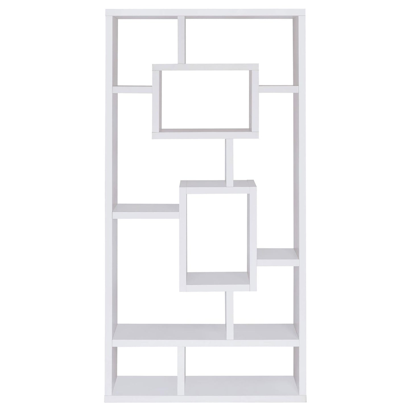 White geometric bookshelf with staggered shelves