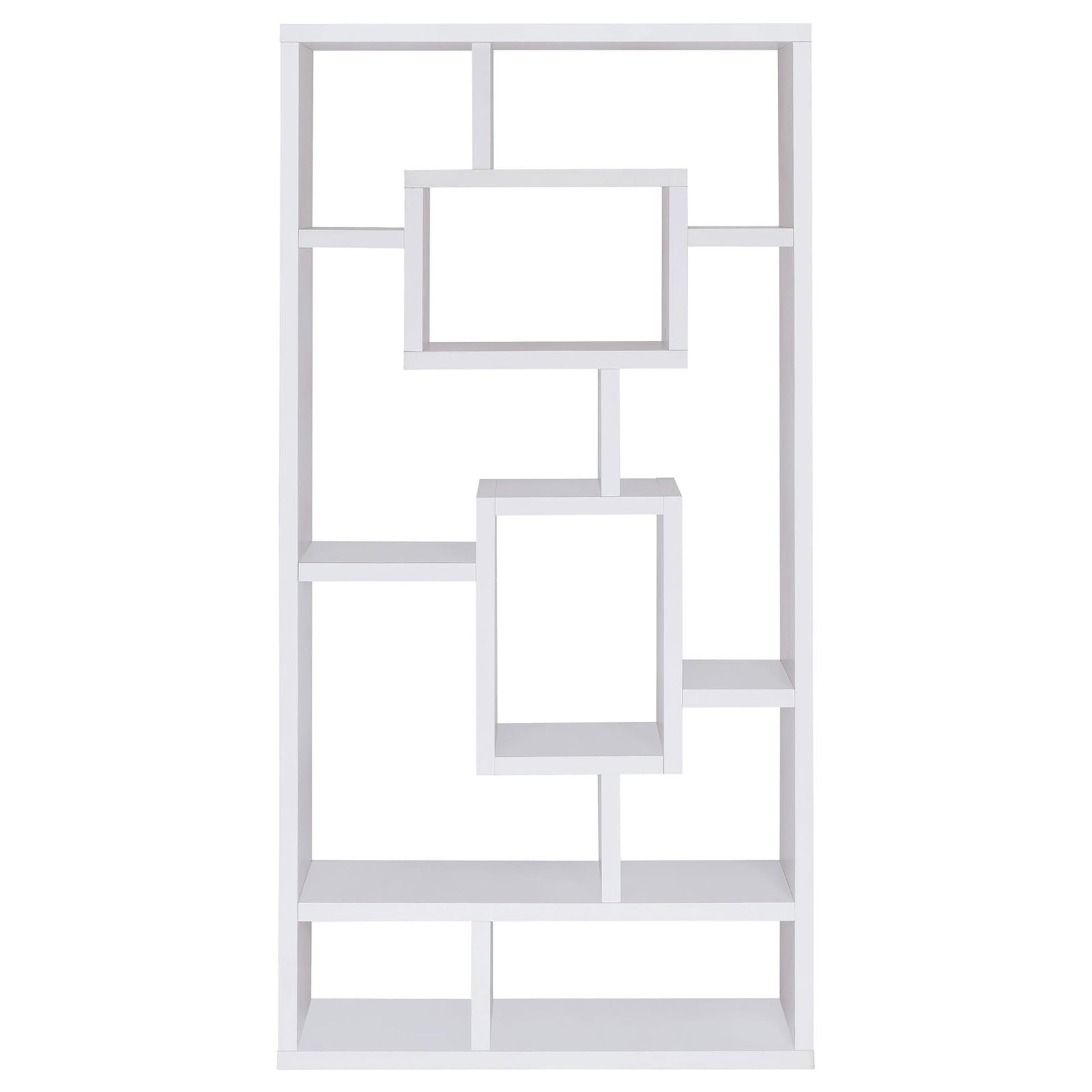 White geometric bookshelf with staggered shelves