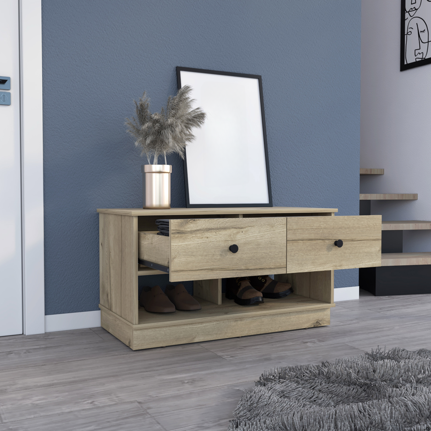 Modern wooden entryway bench with two drawers and shoe storage compartments