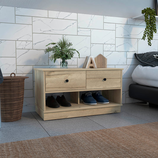 Light oak shoe cabinet with two drawers and open shelves