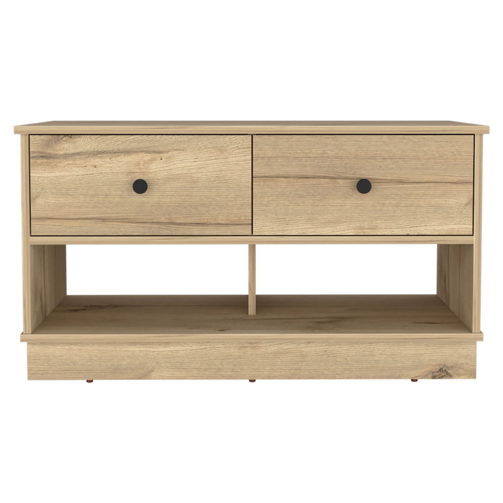 Light oak wood TV stand with two drawers and open shelf