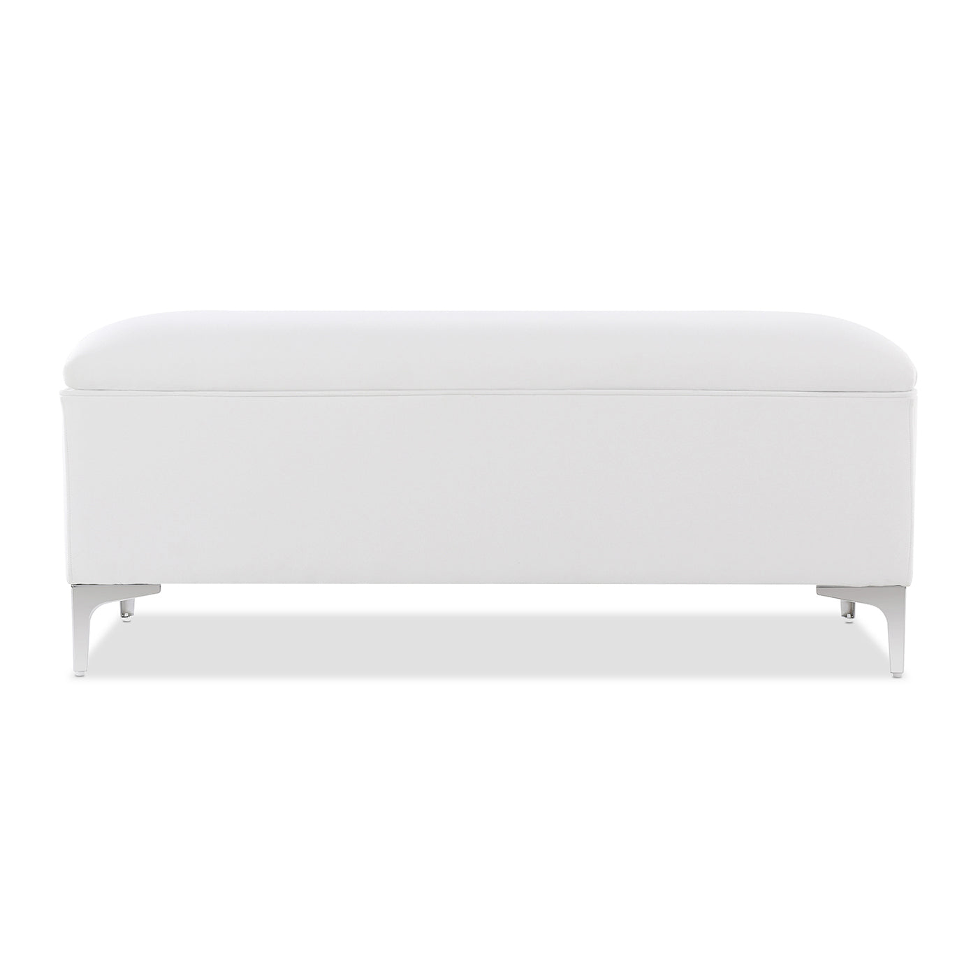 White tufted storage ottoman with polished metal legs