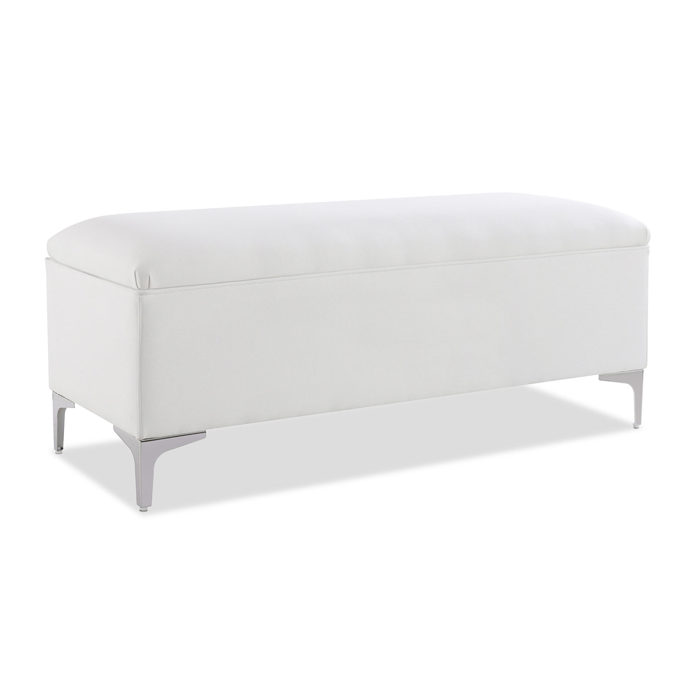 White faux leather storage bench with modern chrome legs