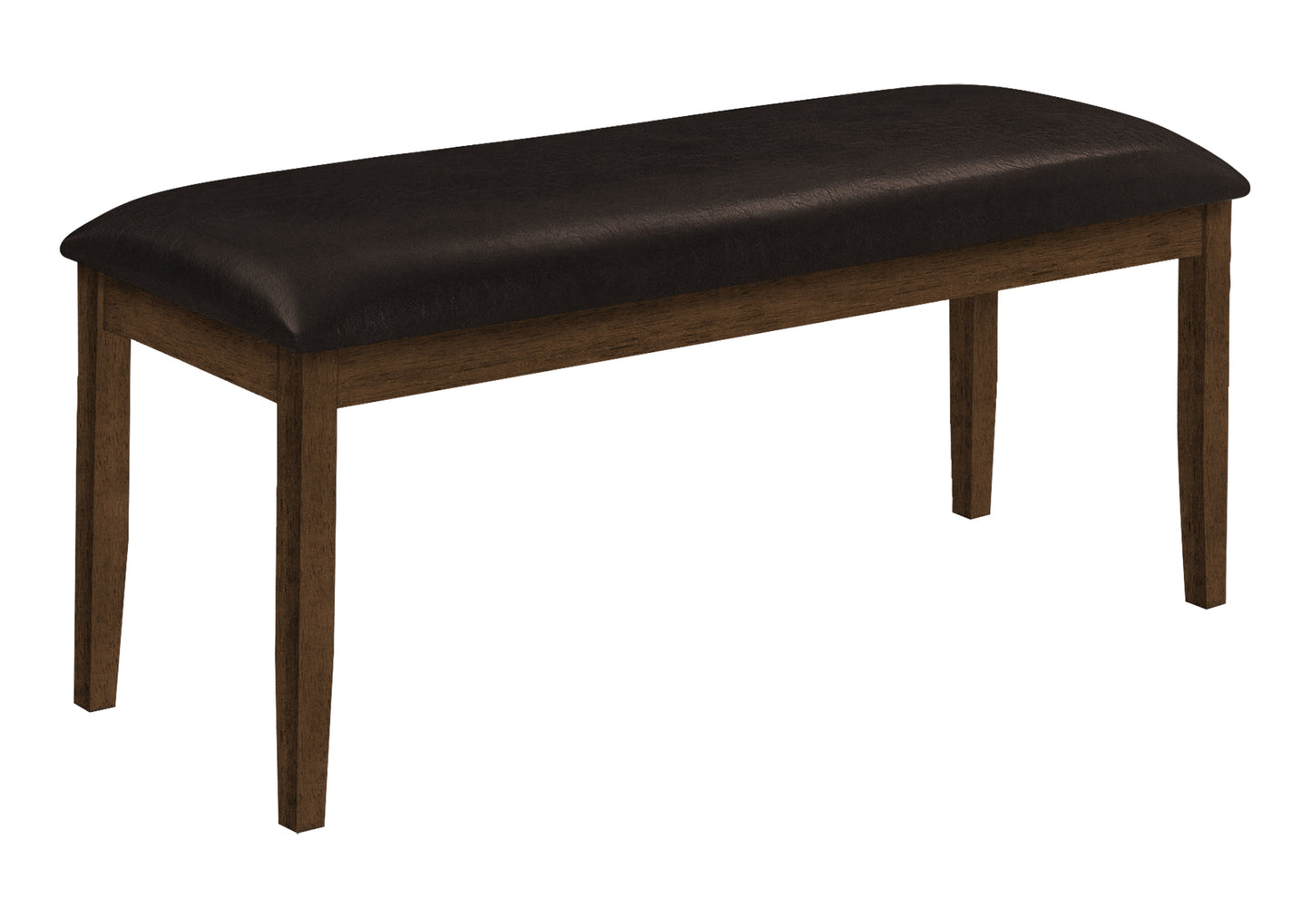 Dark brown faux leather upholstered bench with wooden legs