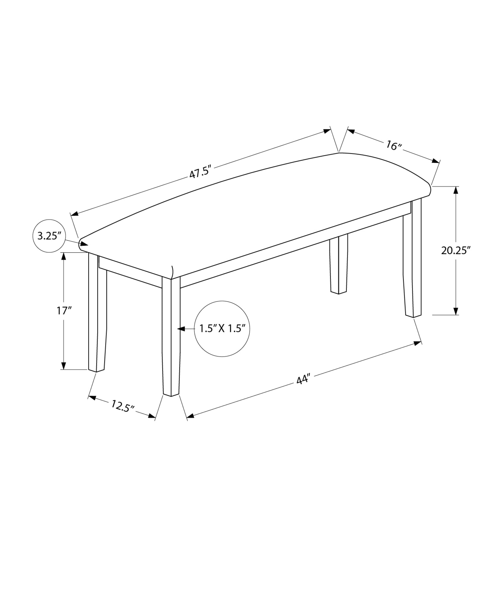 Diagram showing dimensions for a fabric bench