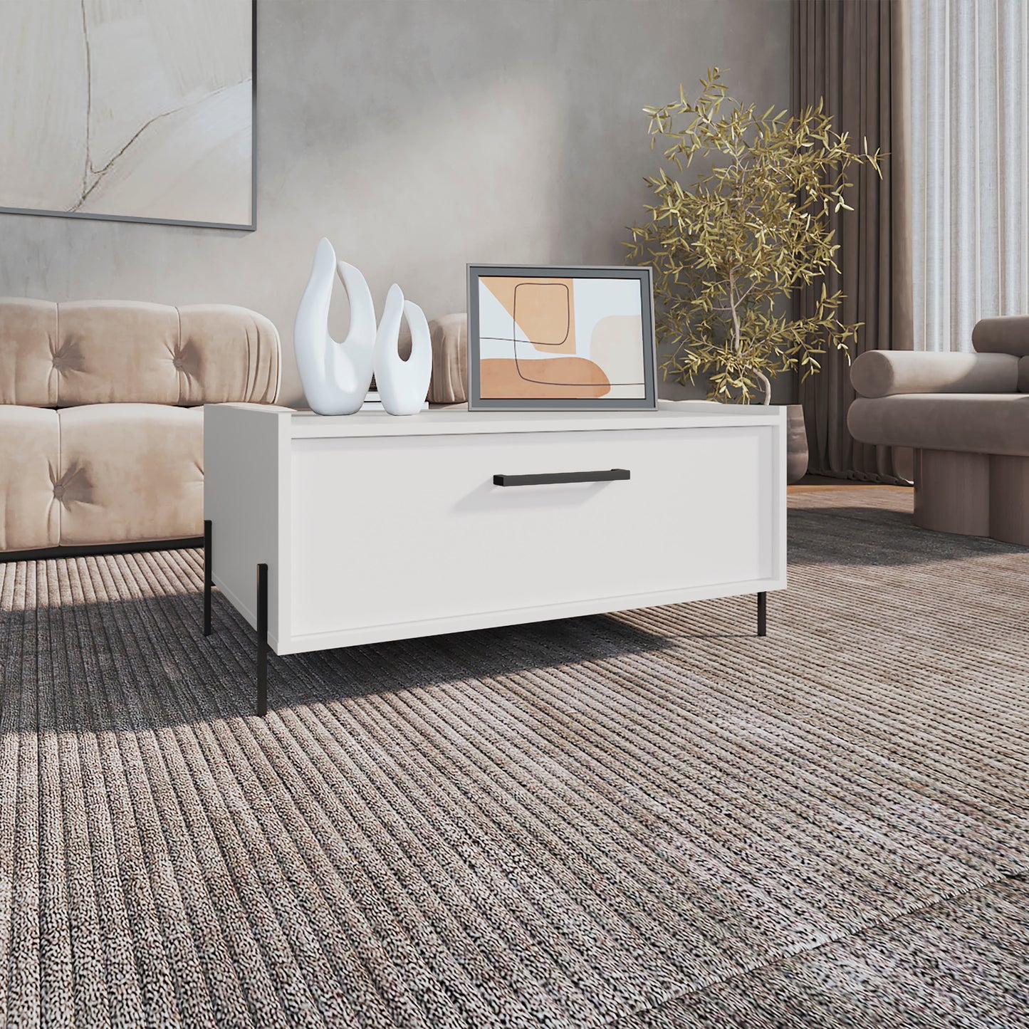 Modern white coffee table with black metal legs and one drawer